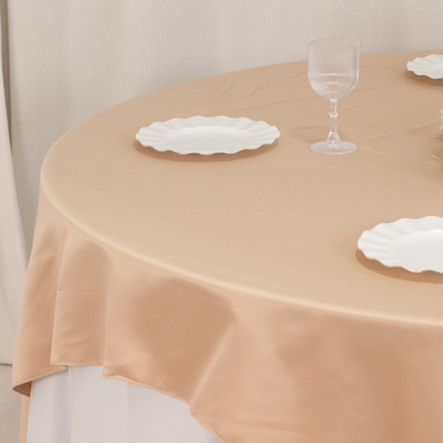 72"x72" Nude Lamour Satin Table Overlay, Square Tablecloth Topper