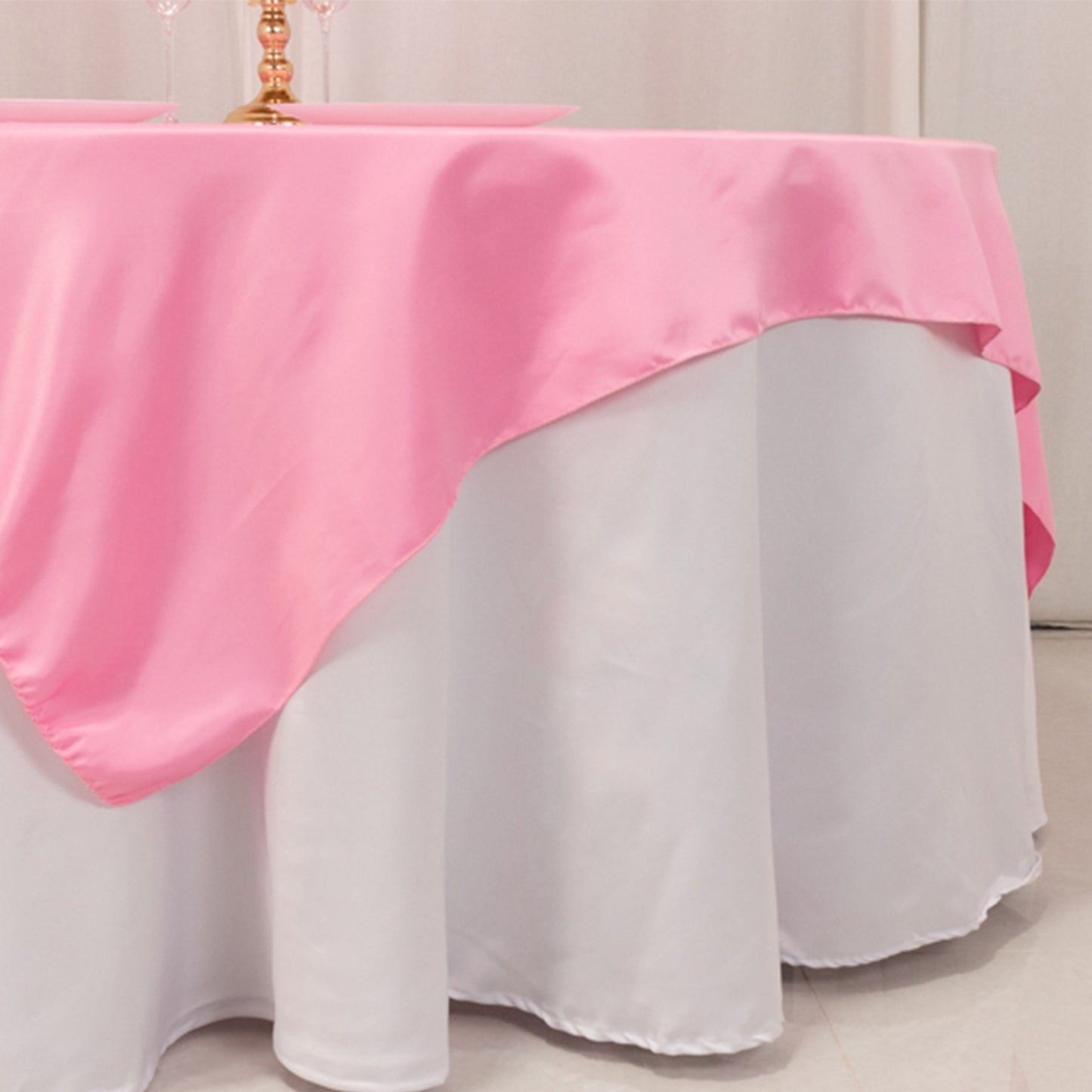 72"x72" Pink Lamour Satin Table Overlay, Square Tablecloth Topper