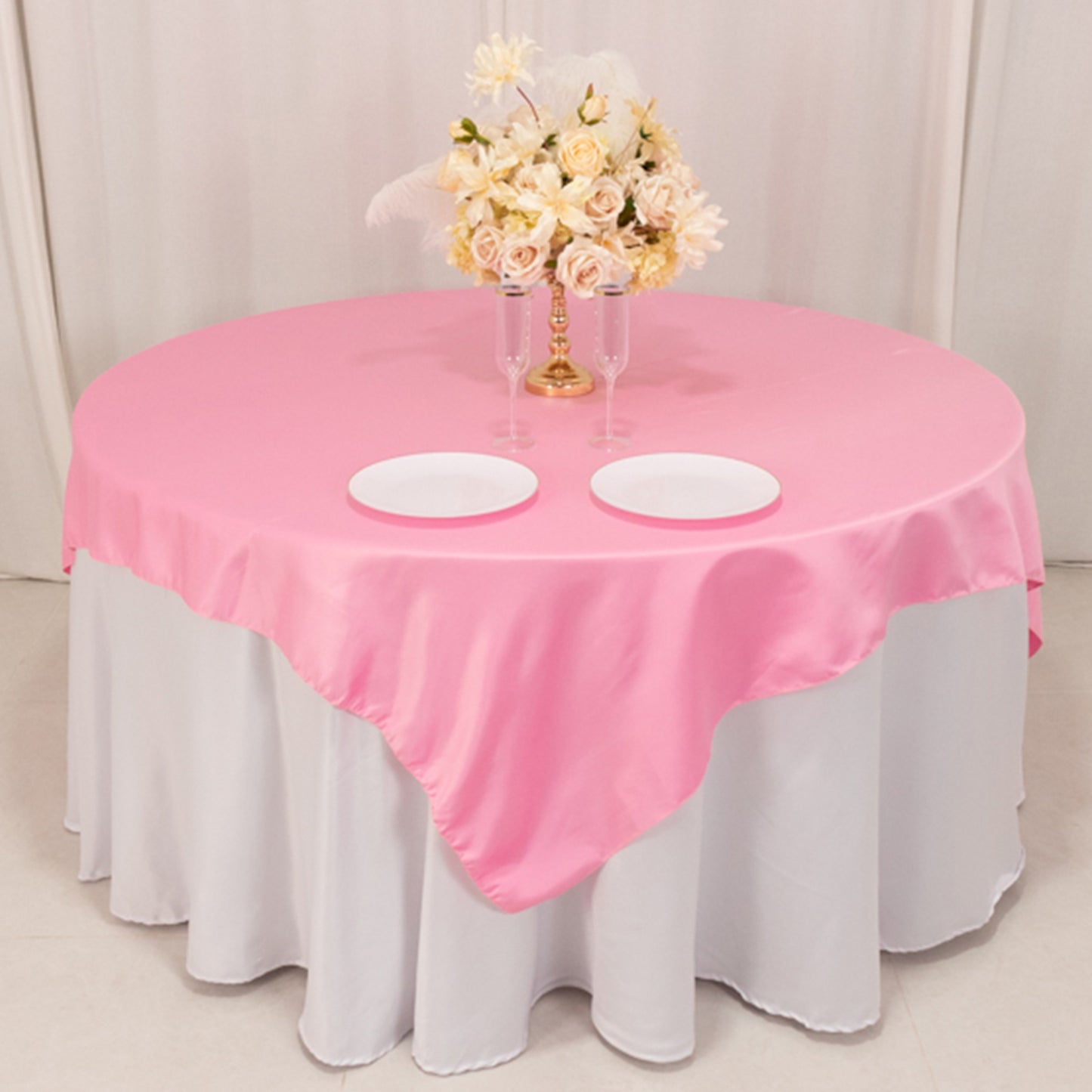 72"x72" Pink Lamour Satin Table Overlay, Square Tablecloth Topper