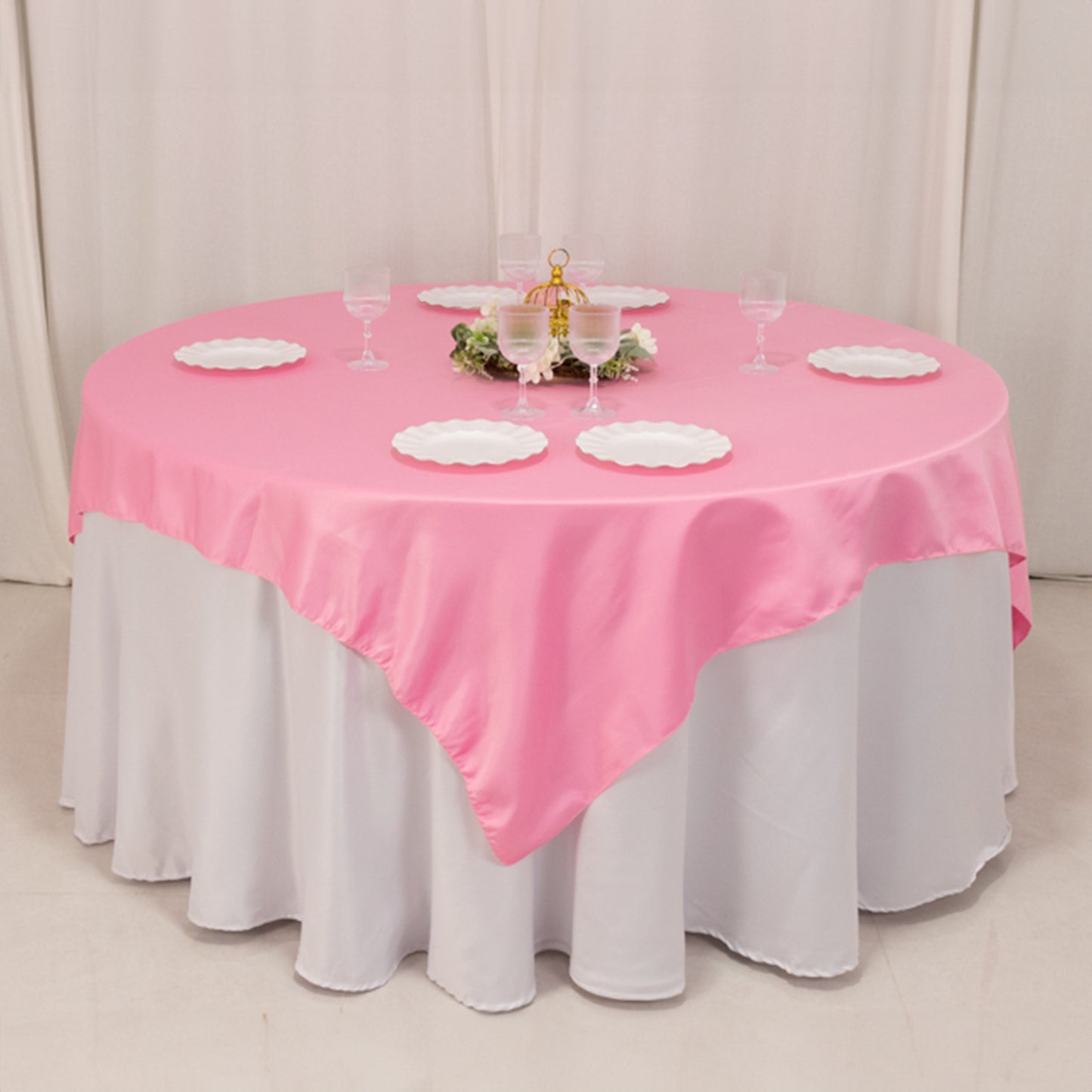 72"x72" Pink Lamour Satin Table Overlay, Square Tablecloth Topper