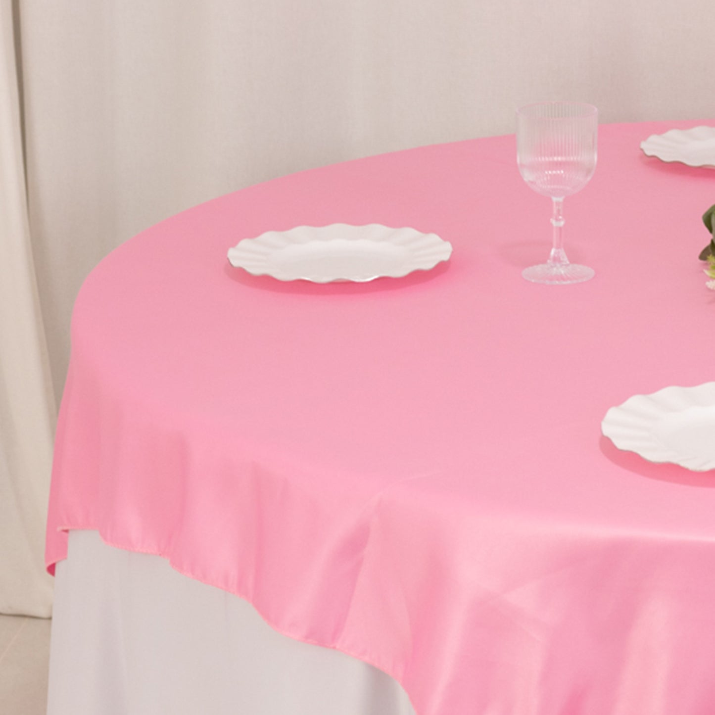 72"x72" Pink Lamour Satin Table Overlay, Square Tablecloth Topper