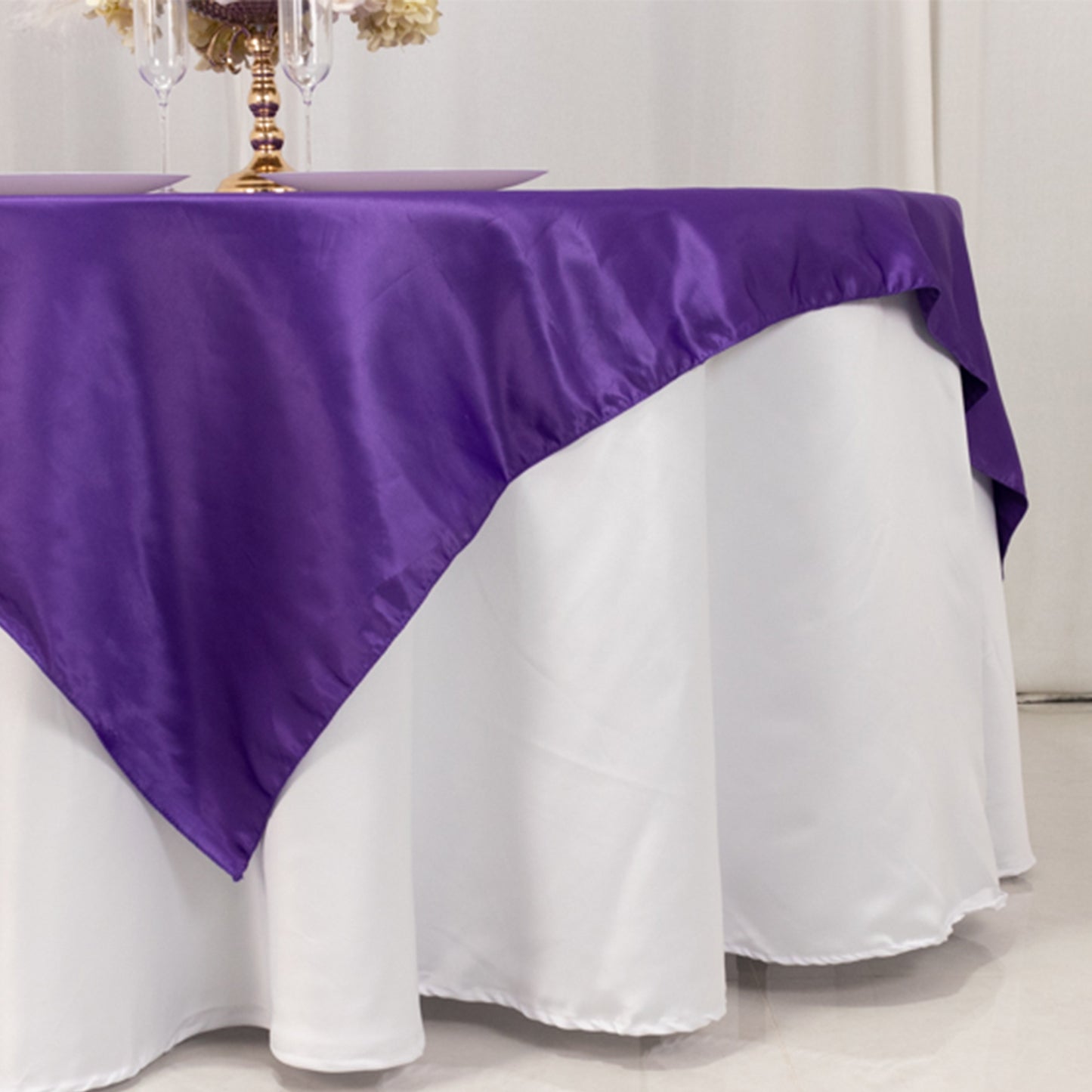 72"x72" Purple Lamour Satin Table Overlay, Square Tablecloth Topper