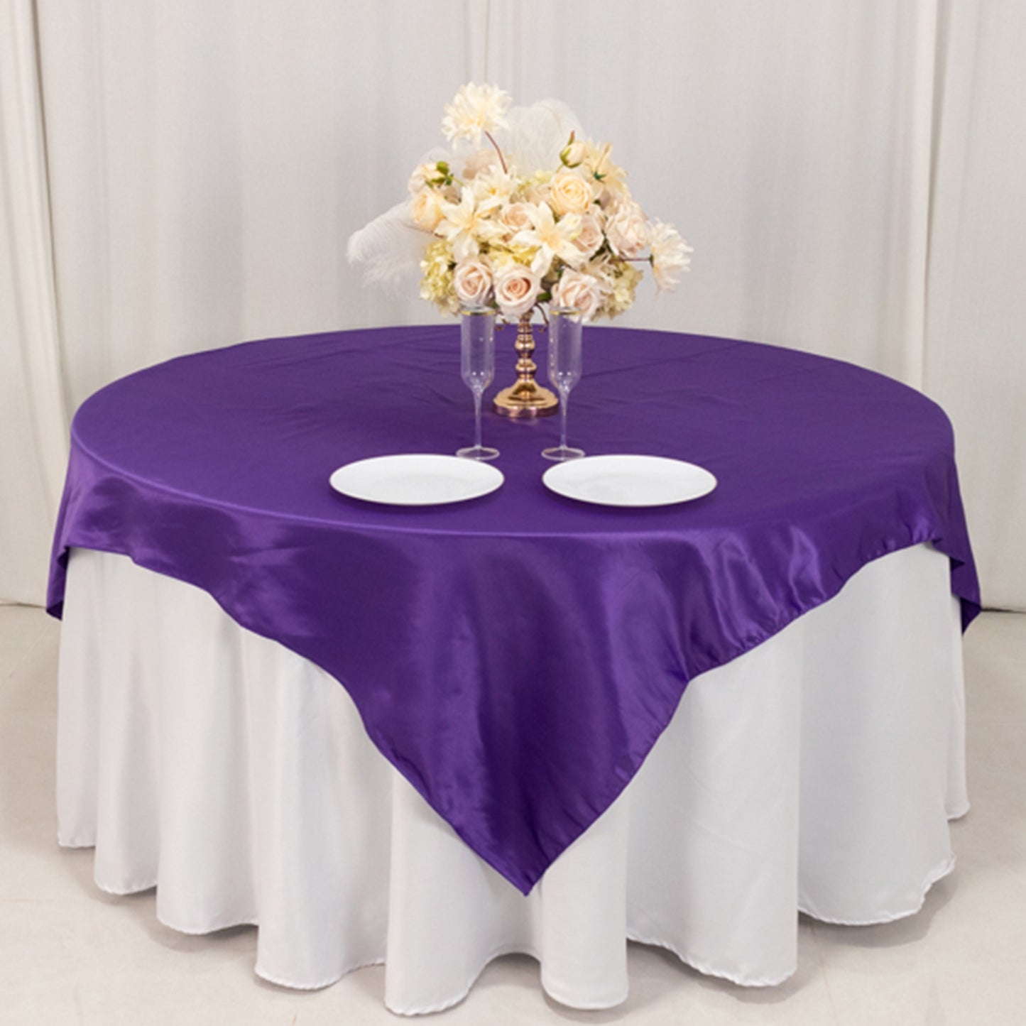 72"x72" Purple Lamour Satin Table Overlay, Square Tablecloth Topper