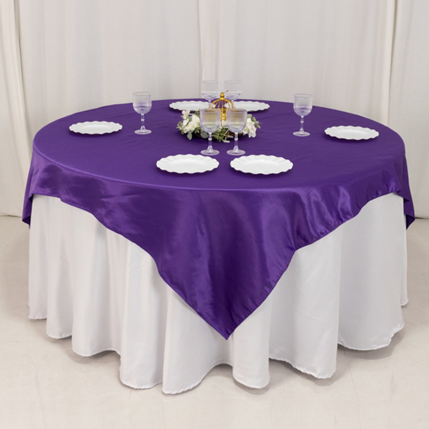 72"x72" Purple Lamour Satin Table Overlay, Square Tablecloth Topper