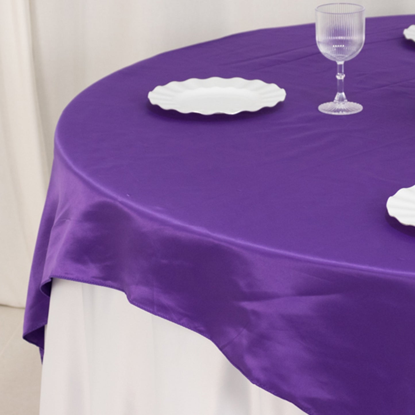72"x72" Purple Lamour Satin Table Overlay, Square Tablecloth Topper