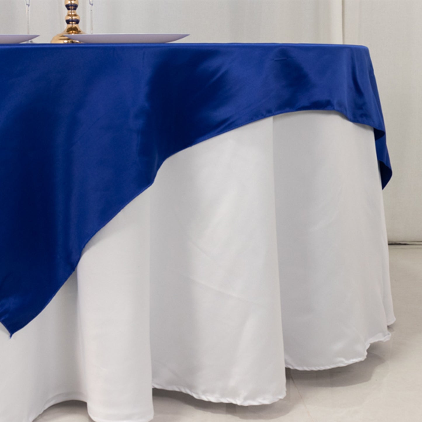 72"x72" Royal Blue Lamour Satin Table Overlay, Square Tablecloth Topper