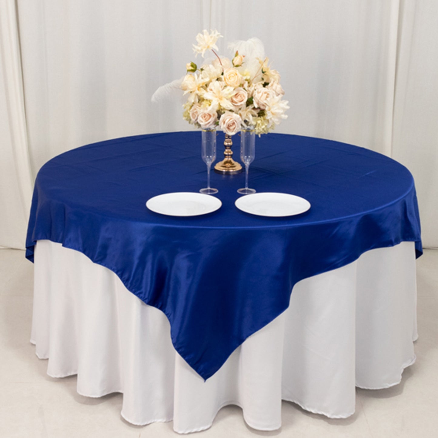 72"x72" Royal Blue Lamour Satin Table Overlay, Square Tablecloth Topper