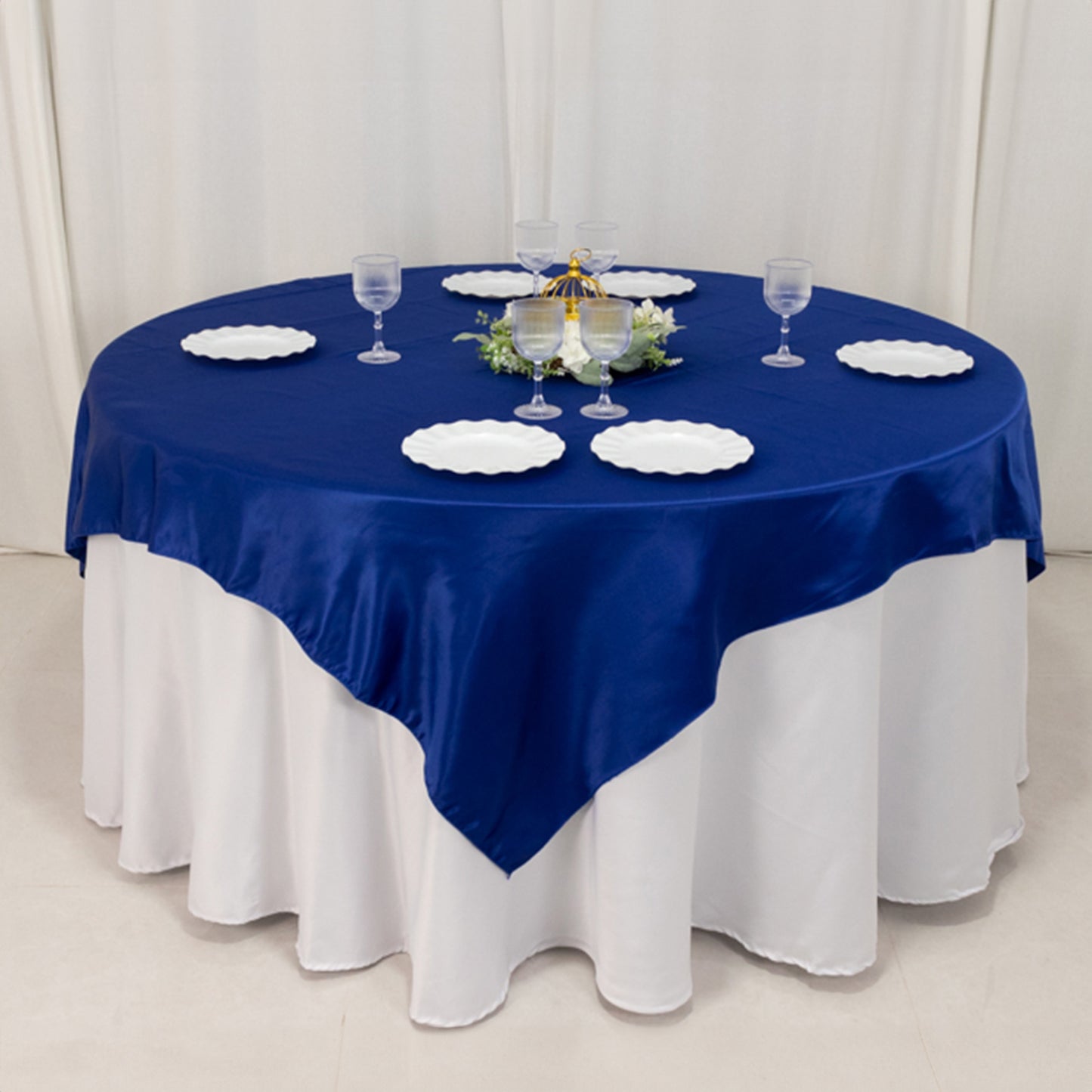 72"x72" Royal Blue Lamour Satin Table Overlay, Square Tablecloth Topper