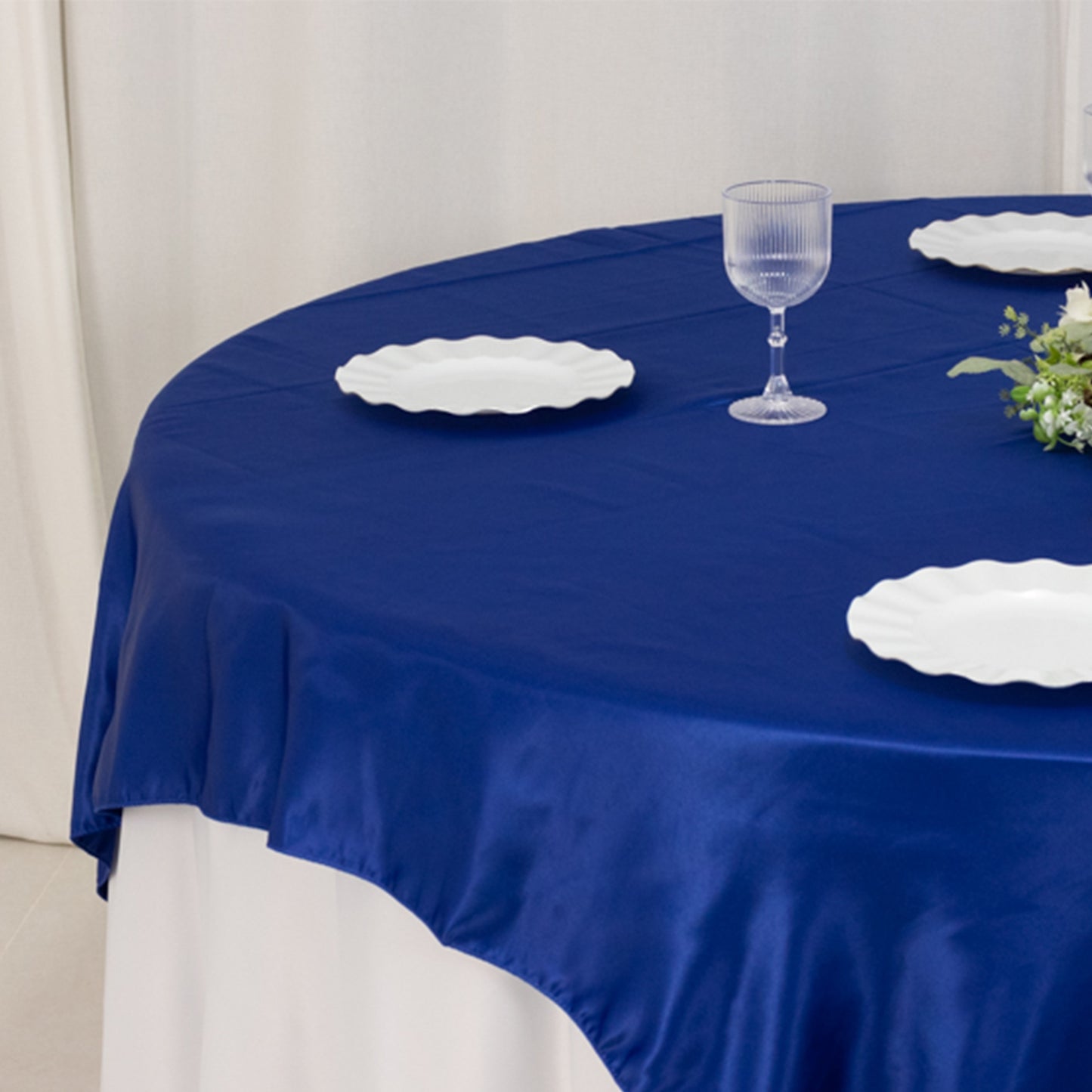 72"x72" Royal Blue Lamour Satin Table Overlay, Square Tablecloth Topper