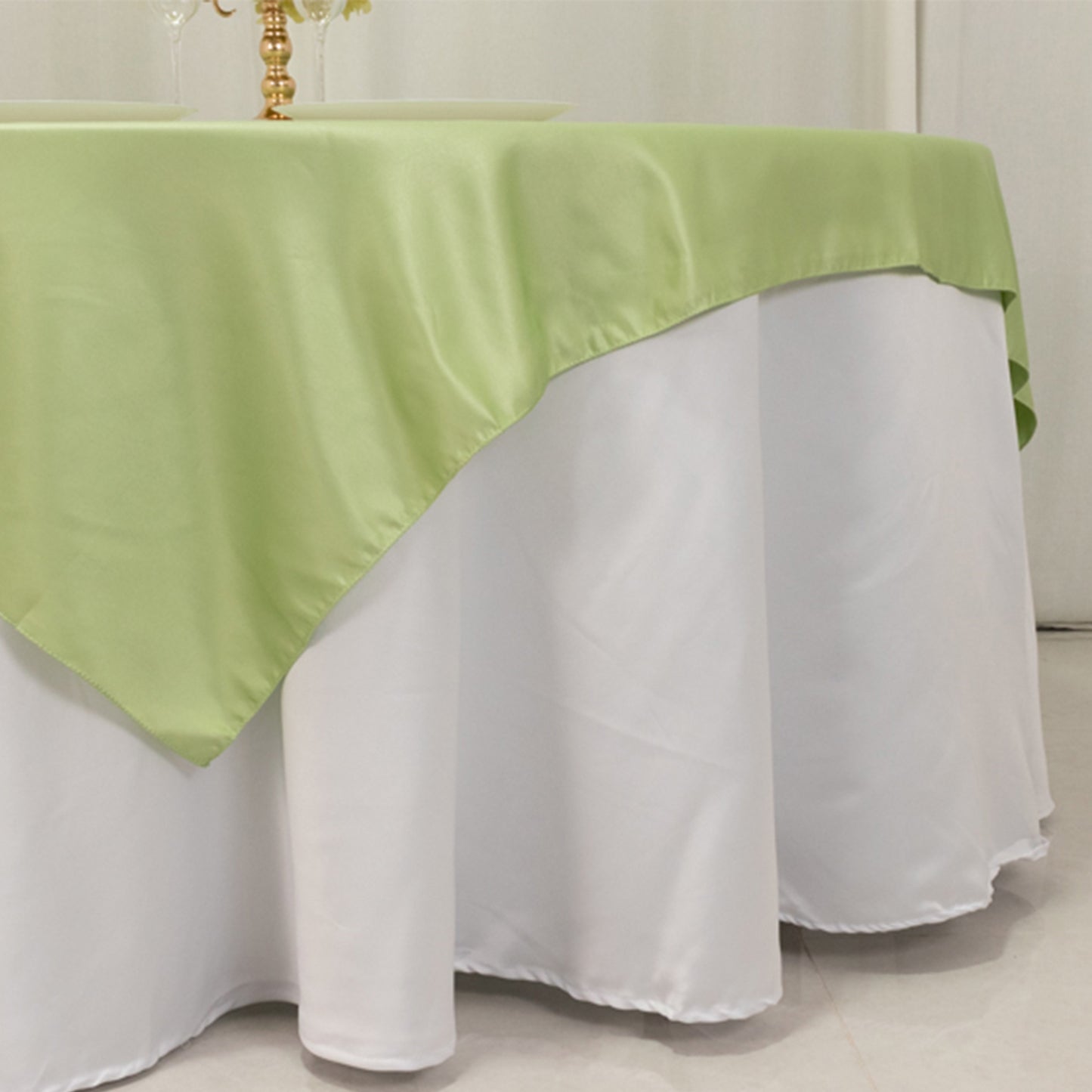 72"x72" Sage Green Lamour Satin Table Overlay, Square Tablecloth Topper