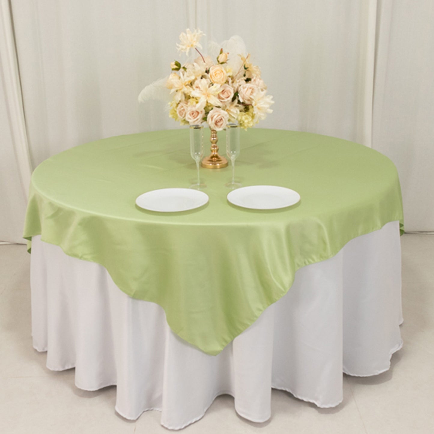 72"x72" Sage Green Lamour Satin Table Overlay, Square Tablecloth Topper
