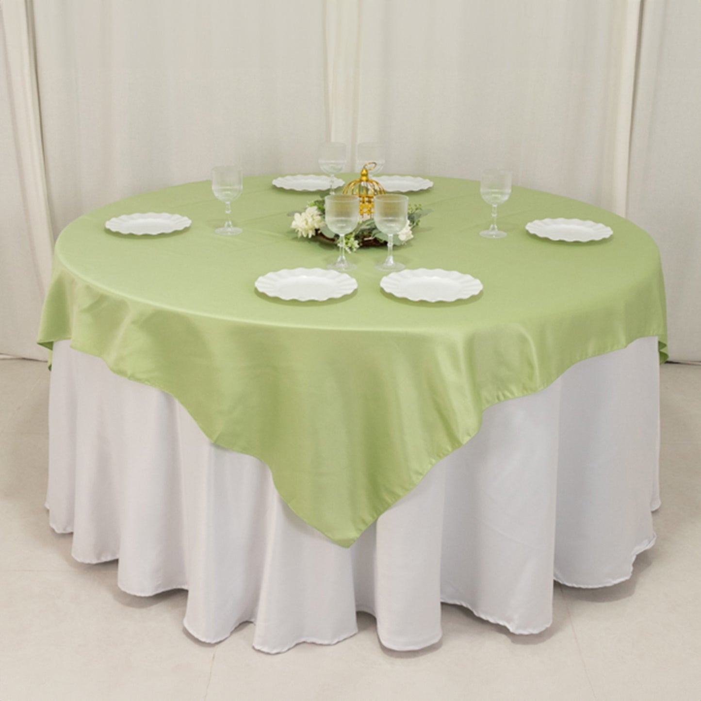72"x72" Sage Green Lamour Satin Table Overlay, Square Tablecloth Topper