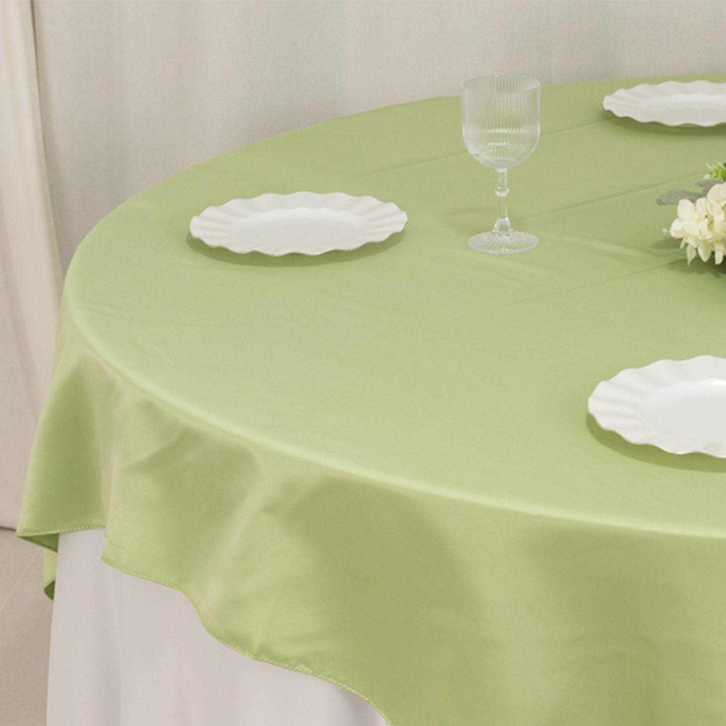 72"x72" Sage Green Lamour Satin Table Overlay, Square Tablecloth Topper