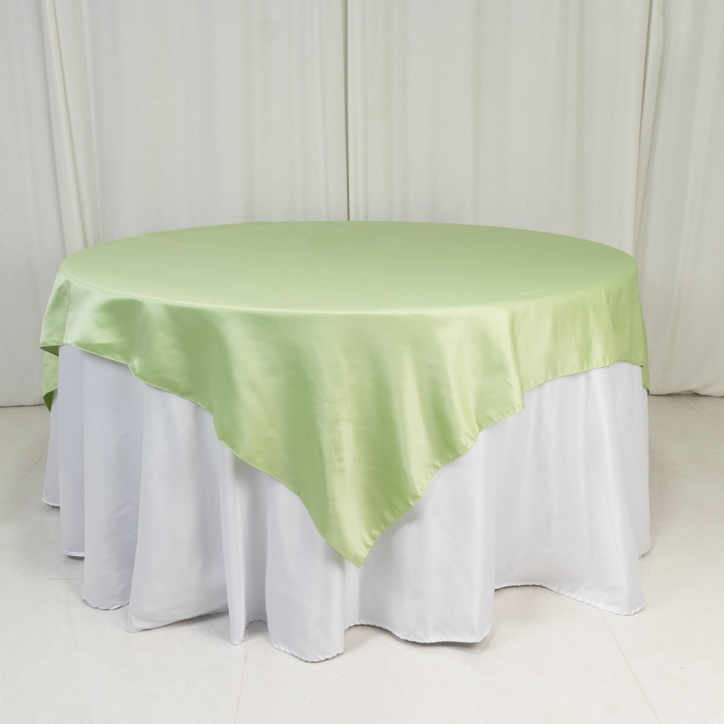 72"x72" Sage Green Lamour Satin Table Overlay, Square Tablecloth Topper