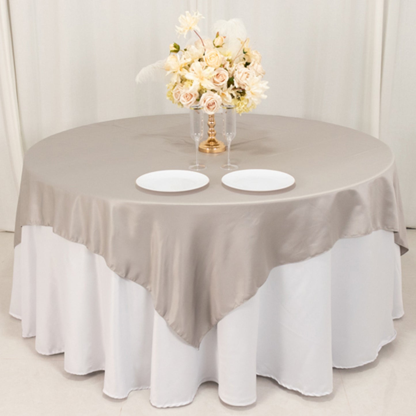 72"x72" Silver Lamour Satin Table Overlay, Square Tablecloth Topper