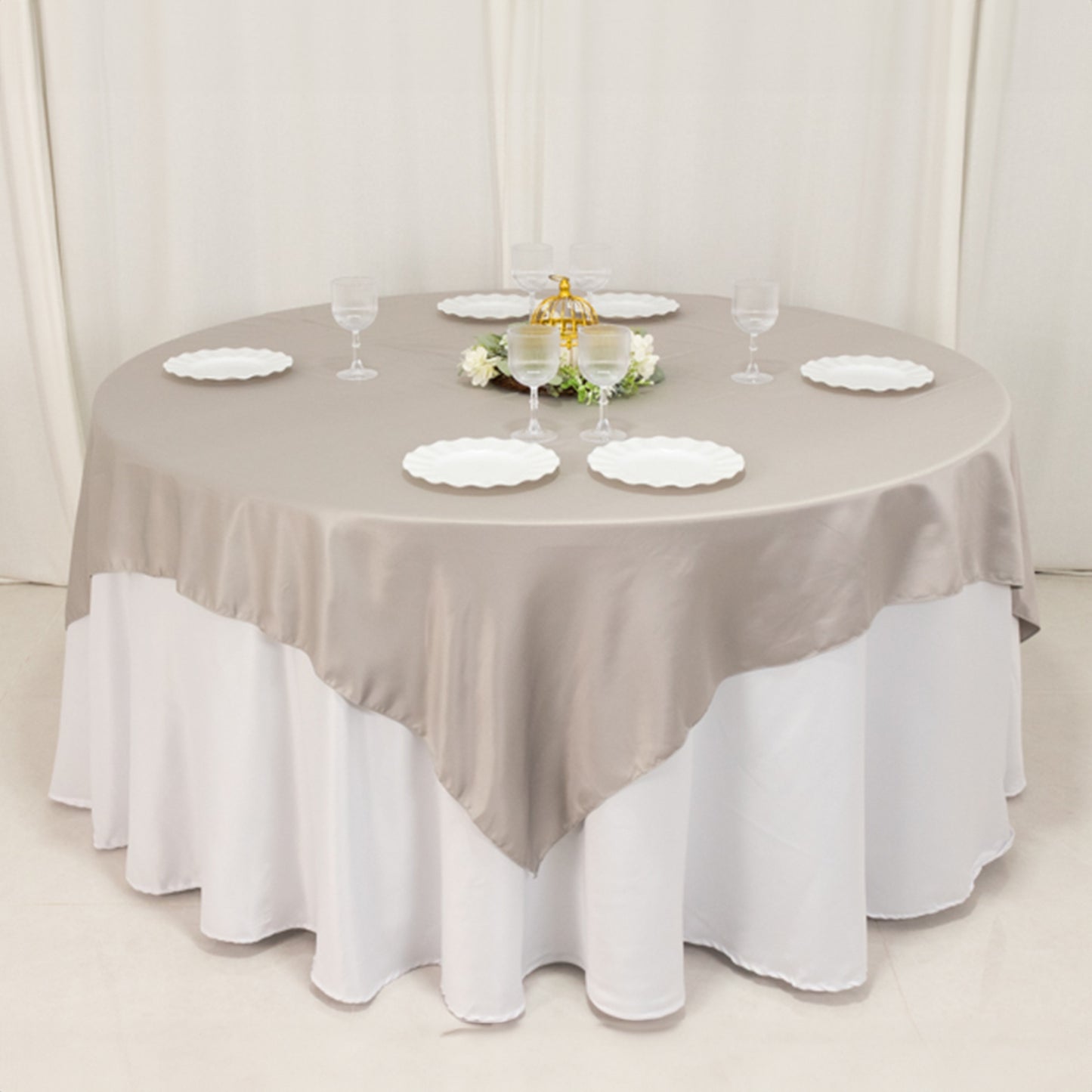 72"x72" Silver Lamour Satin Table Overlay, Square Tablecloth Topper
