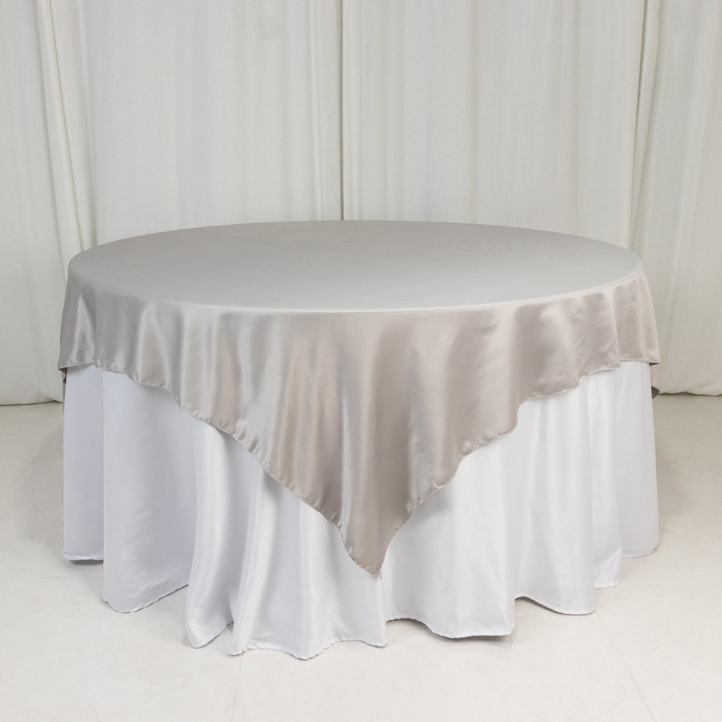 72"x72" Silver Lamour Satin Table Overlay, Square Tablecloth Topper