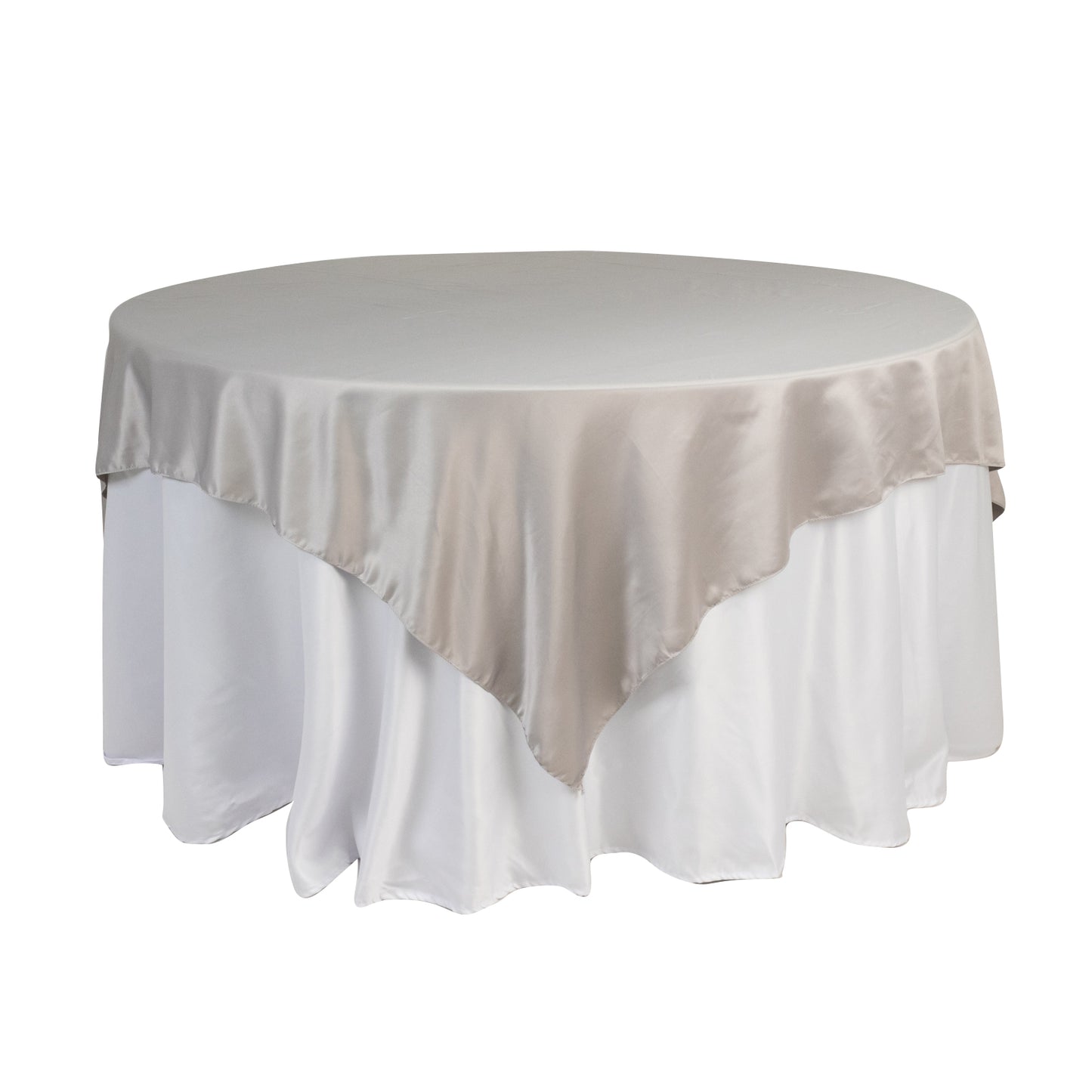 72"x72" Silver Lamour Satin Table Overlay, Square Tablecloth Topper