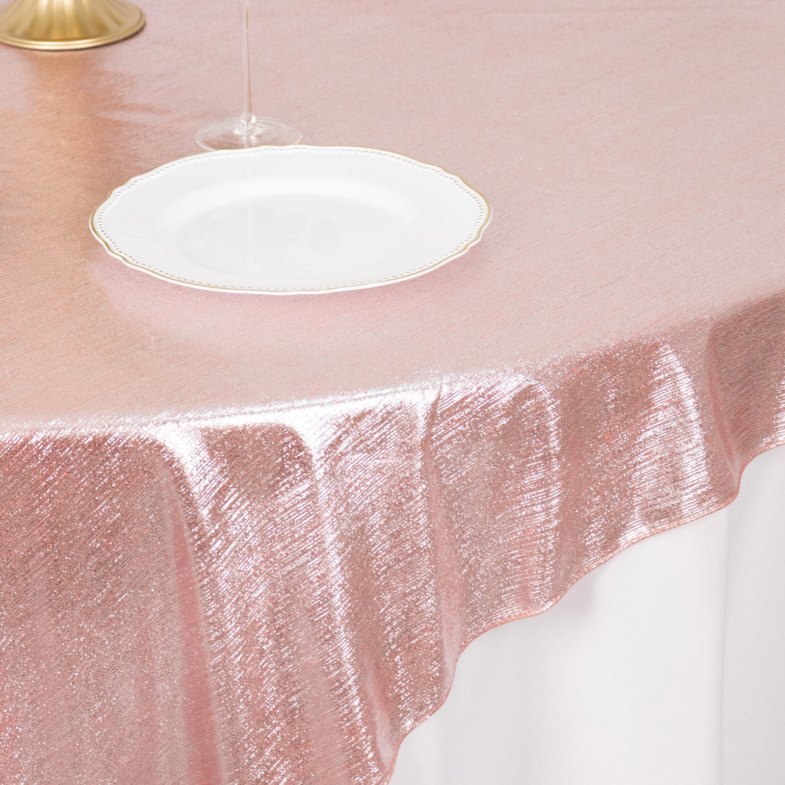 Rose gold shimmer sequin dots table overlay, wrinkle-free sparkle topper.