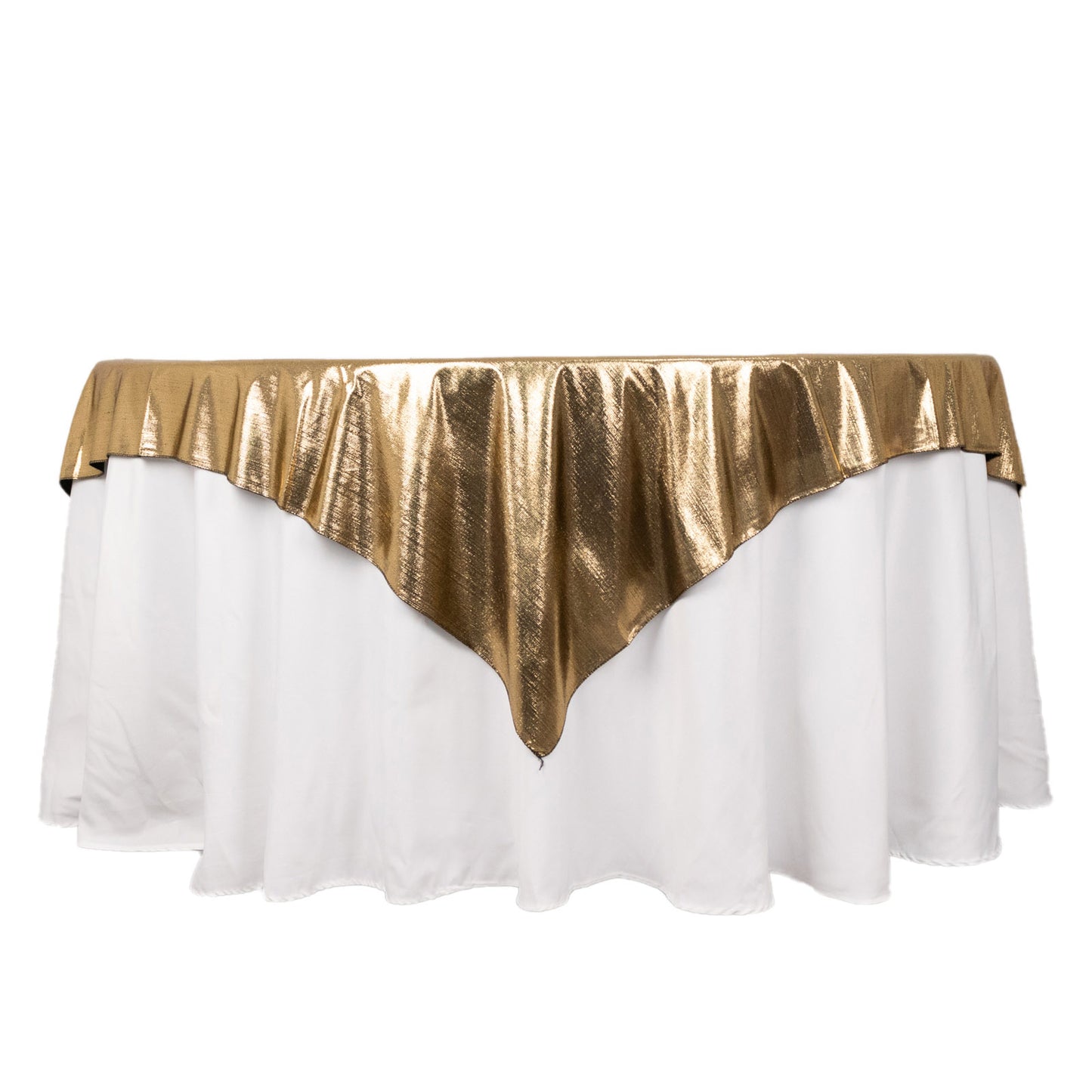 Antique gold sequin table overlay on a white table.