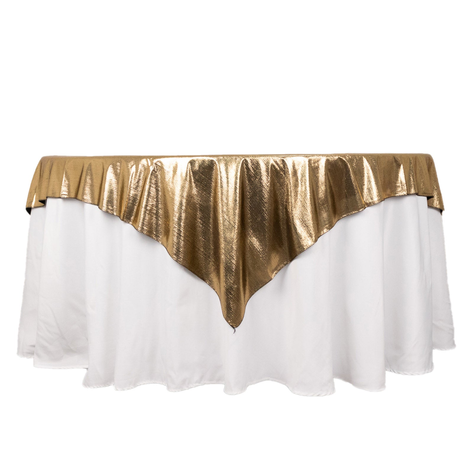 Antique gold sequin table overlay on a white table.