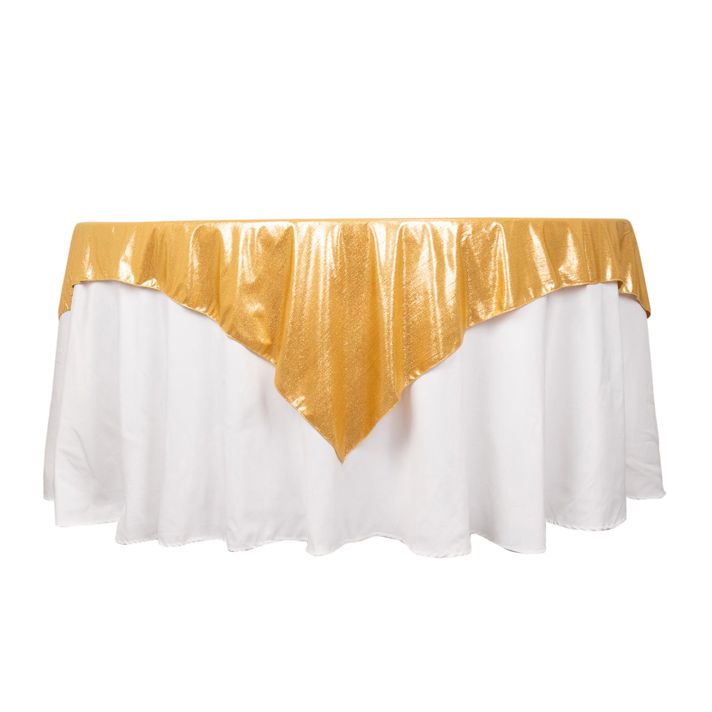 Gold shimmer sequin dots table overlay, 72"x72", wrinkle-free sparkle.