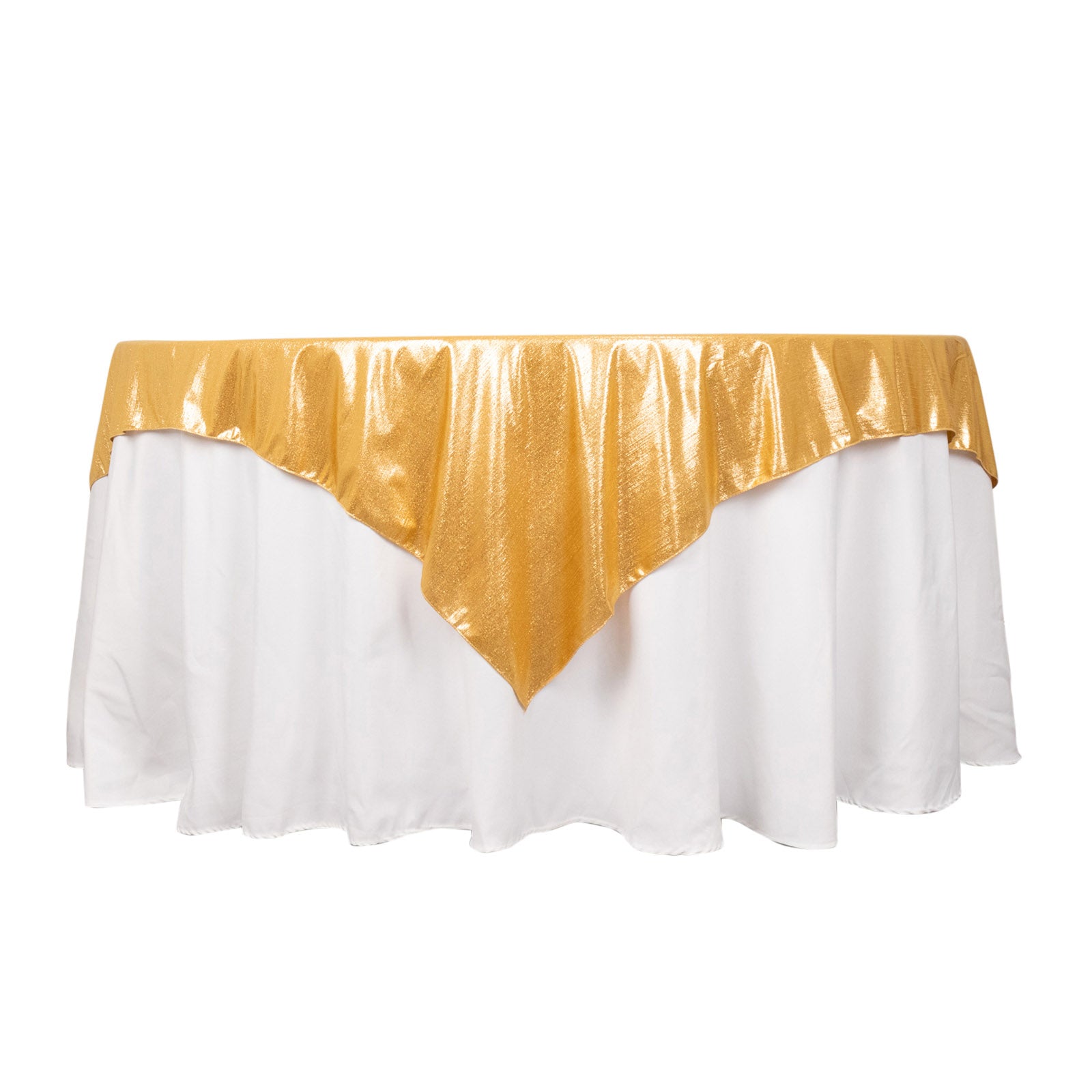 Gold shimmer sequin dots table overlay, 72"x72", wrinkle-free sparkle.