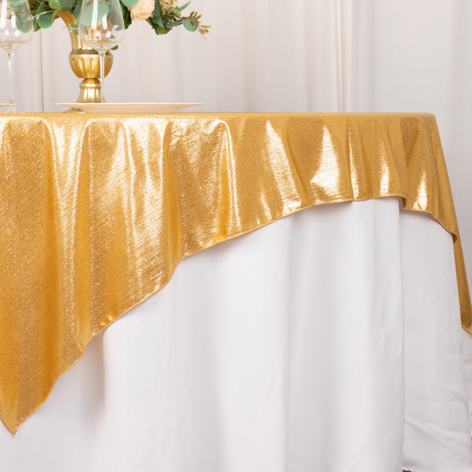 Gold shimmer sequin dots square table overlay, wrinkle-free glitter topper.