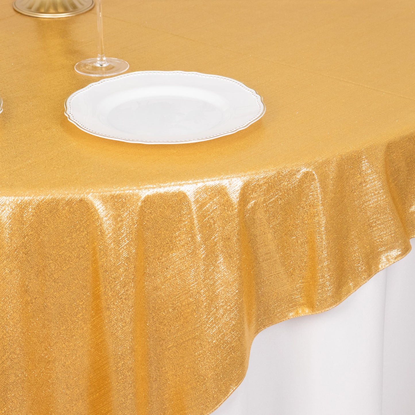 Gold shimmer sequin dots table overlay, wrinkle-free sparkle topper.