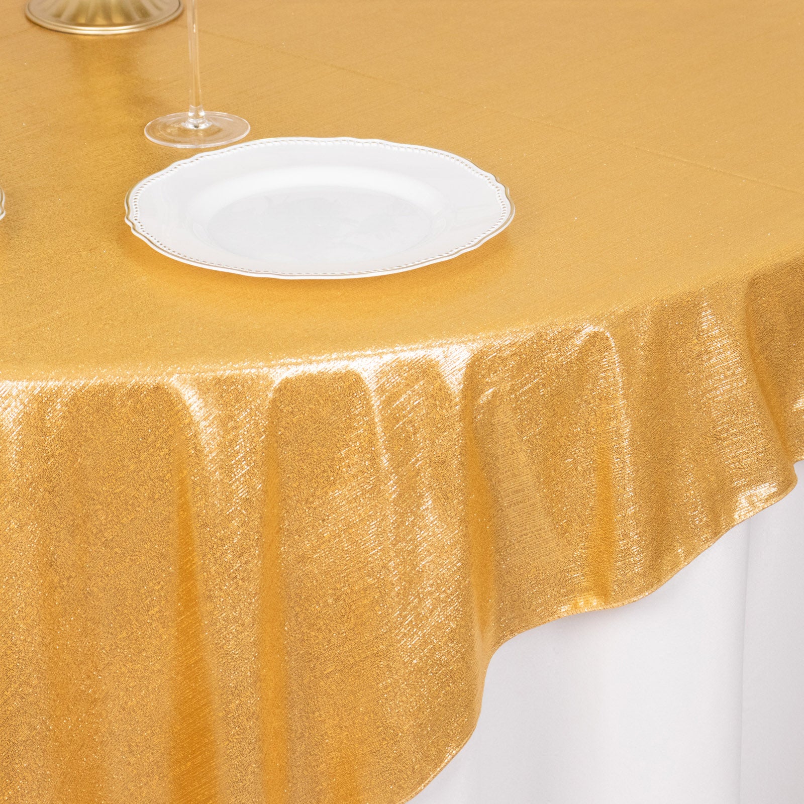 Gold shimmer sequin dots table overlay, wrinkle-free sparkle topper.