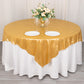 Gold shimmer sequin table overlay on a round table with floral arrangement.