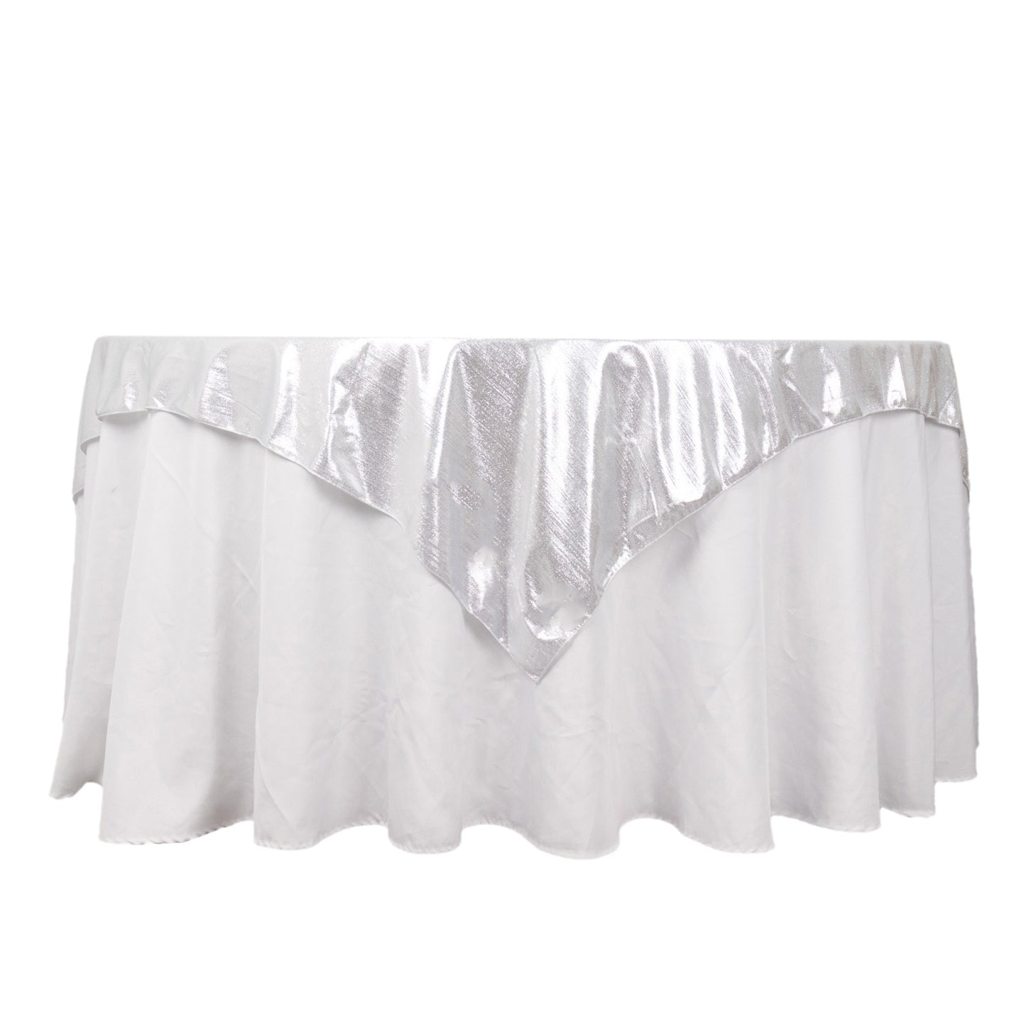 Silver shimmer sequin dots table overlay, 72"x72", wrinkle-free sparkle topper.