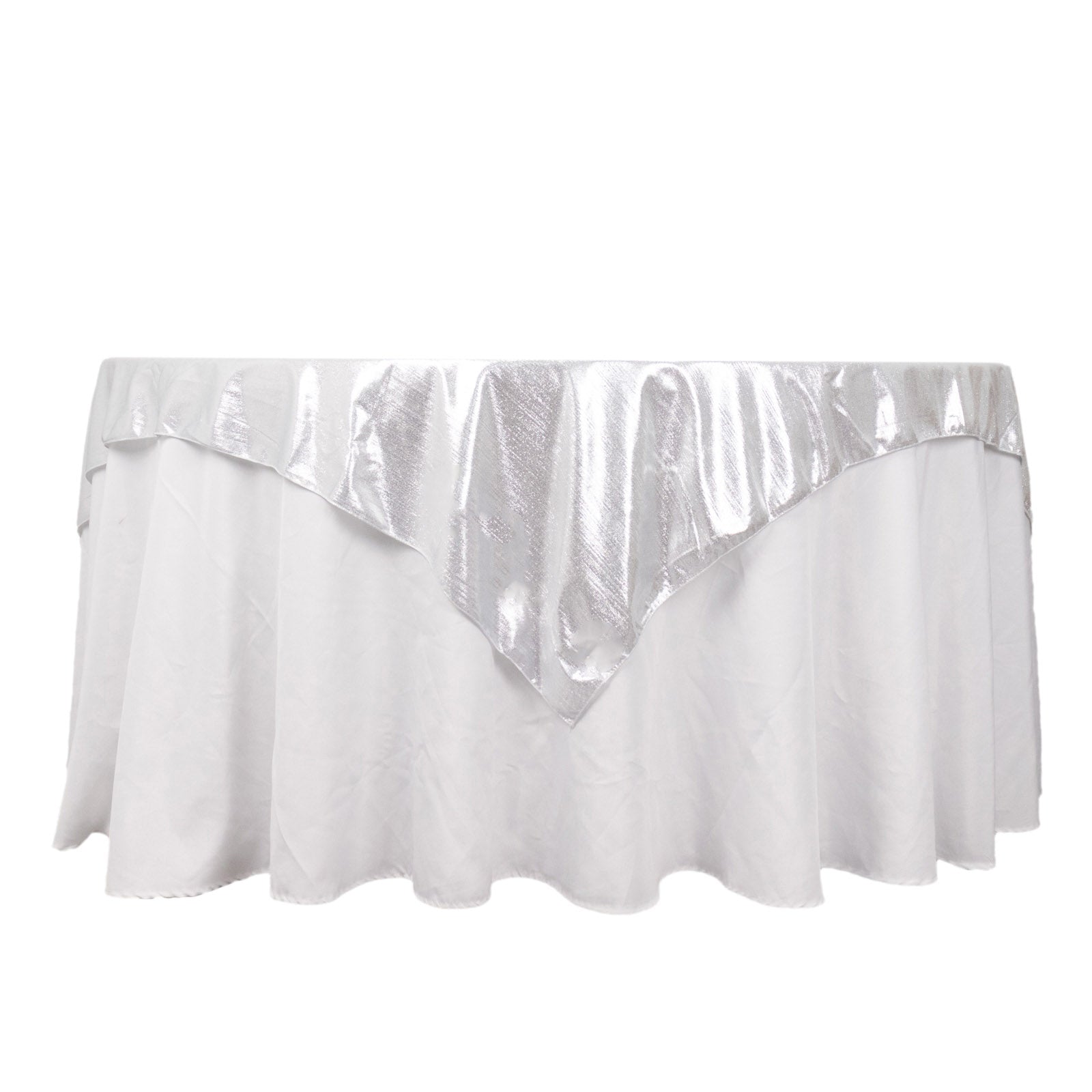 Silver shimmer sequin dots table overlay, 72"x72", wrinkle-free sparkle topper.