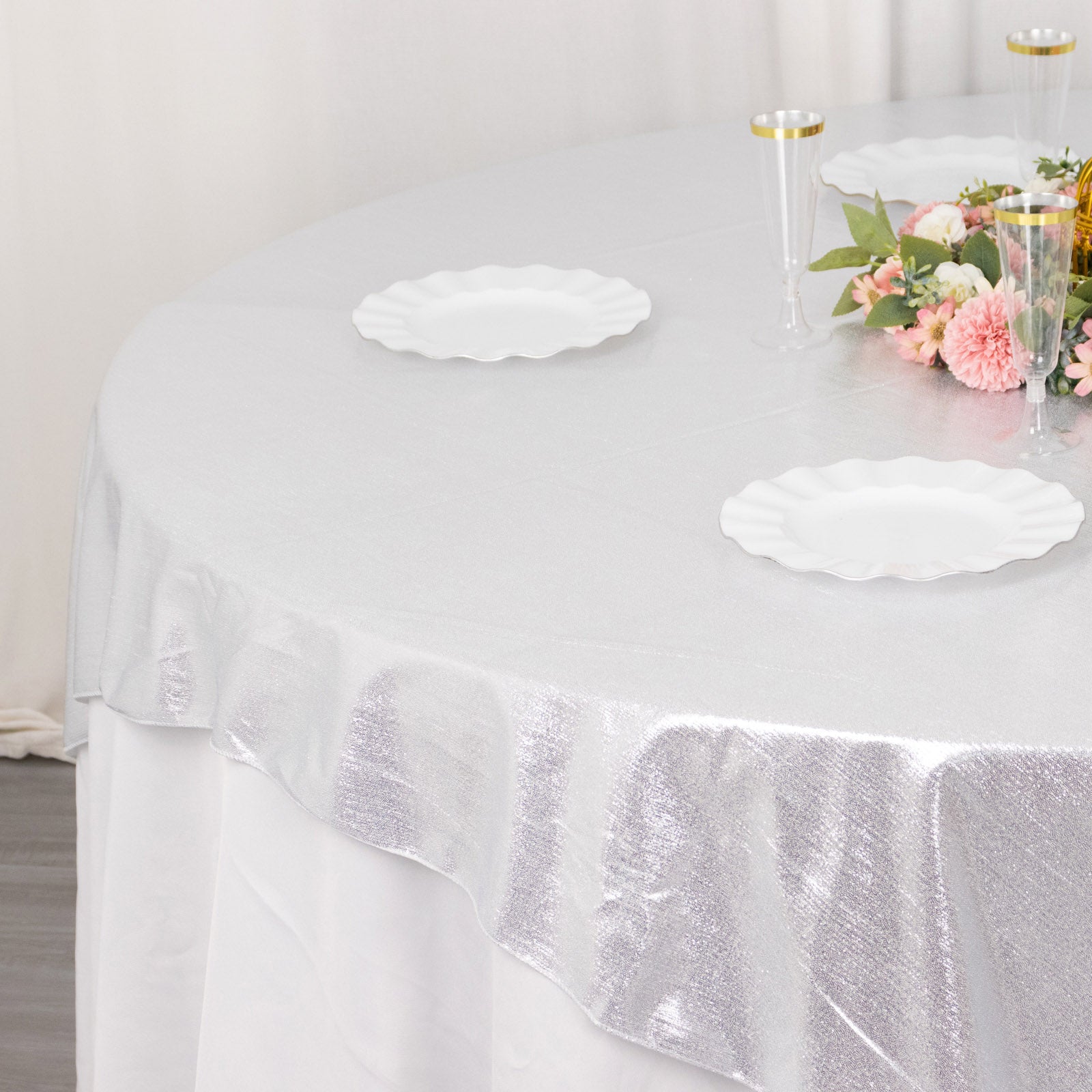 Silver shimmer sequin dots table overlay, wrinkle-free tabletop decoration.