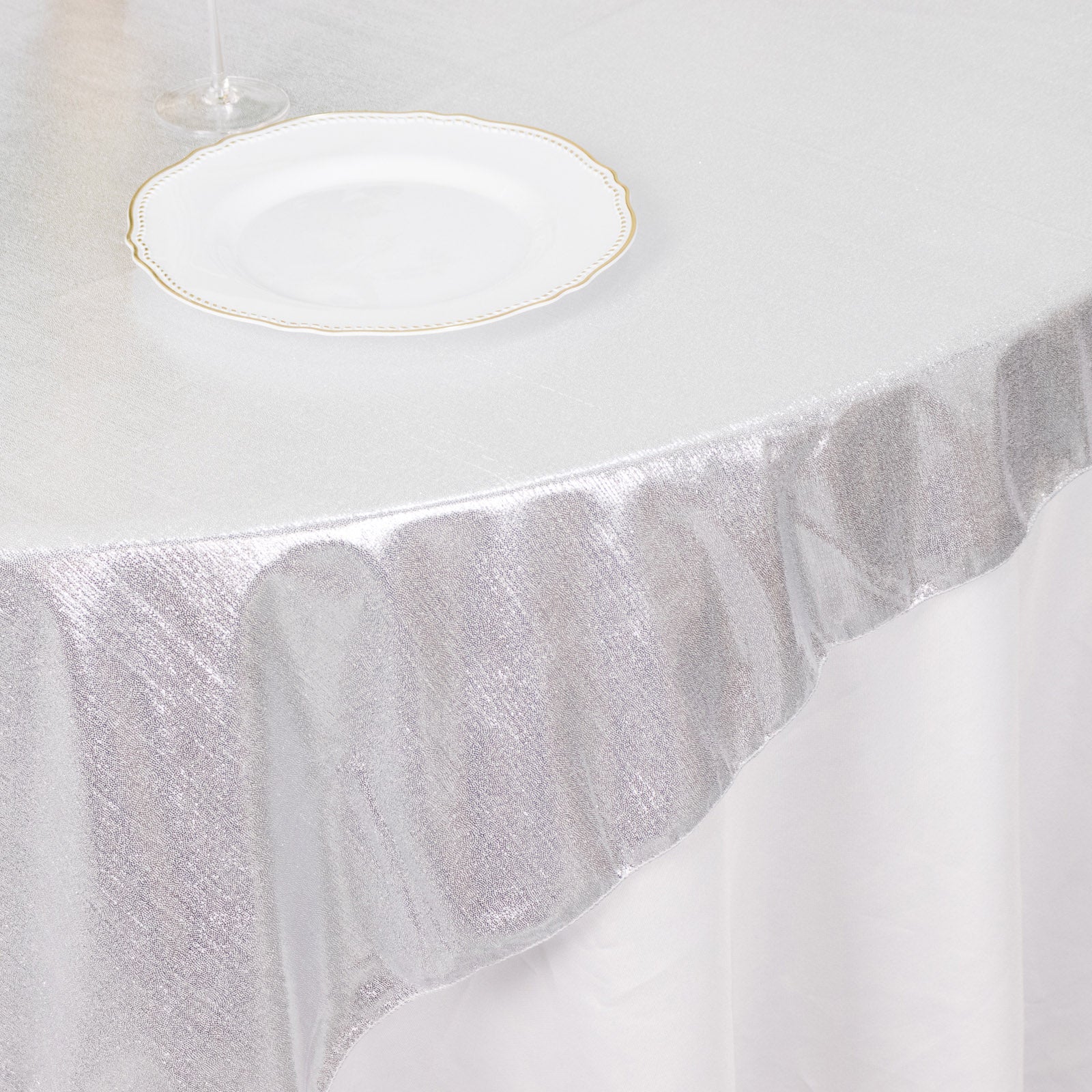 Silver shimmer sequin table overlay, wrinkle-free sparkly table topper.