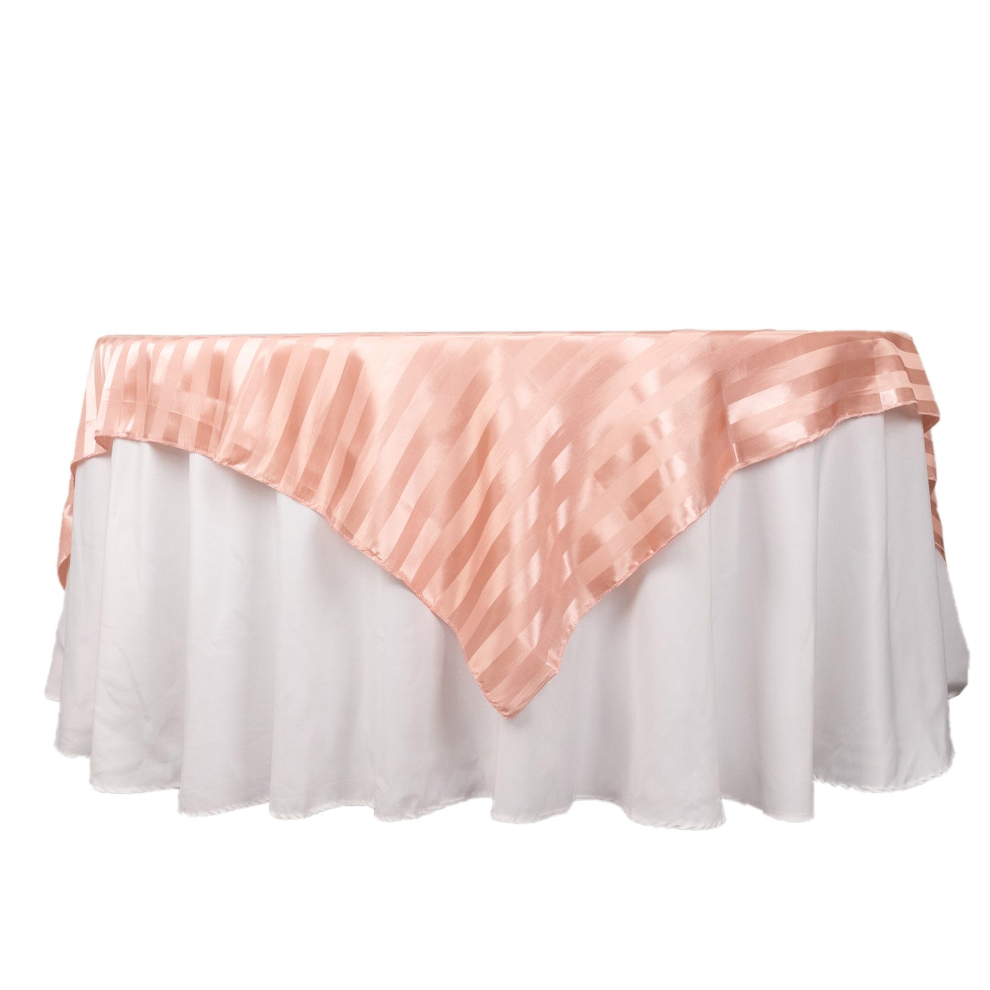 Dusty rose satin stripe table overlay on a white table.