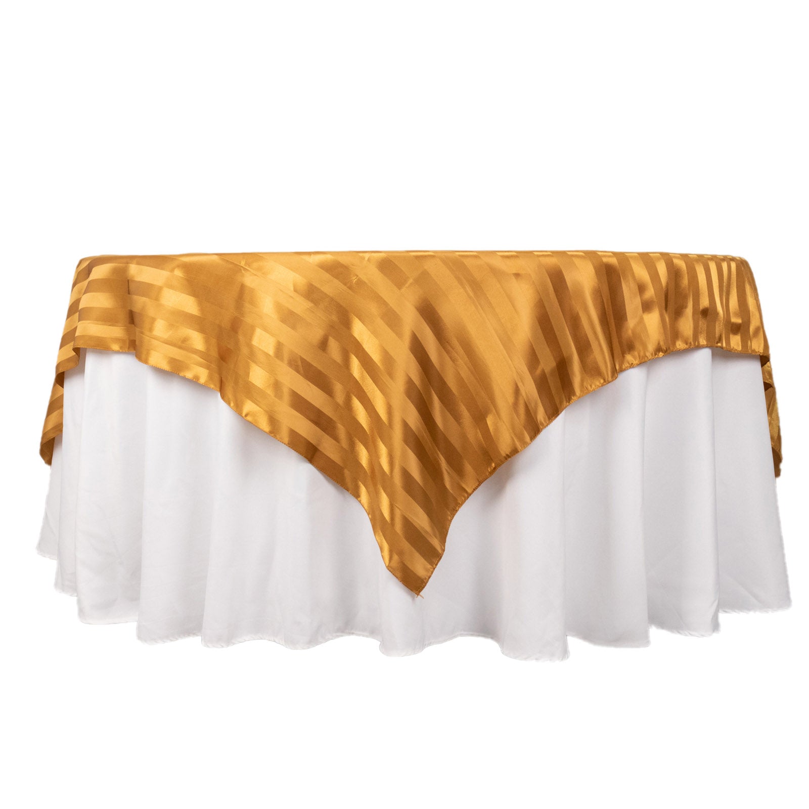 Gold satin stripe table overlay, elegant square table topper for events.
