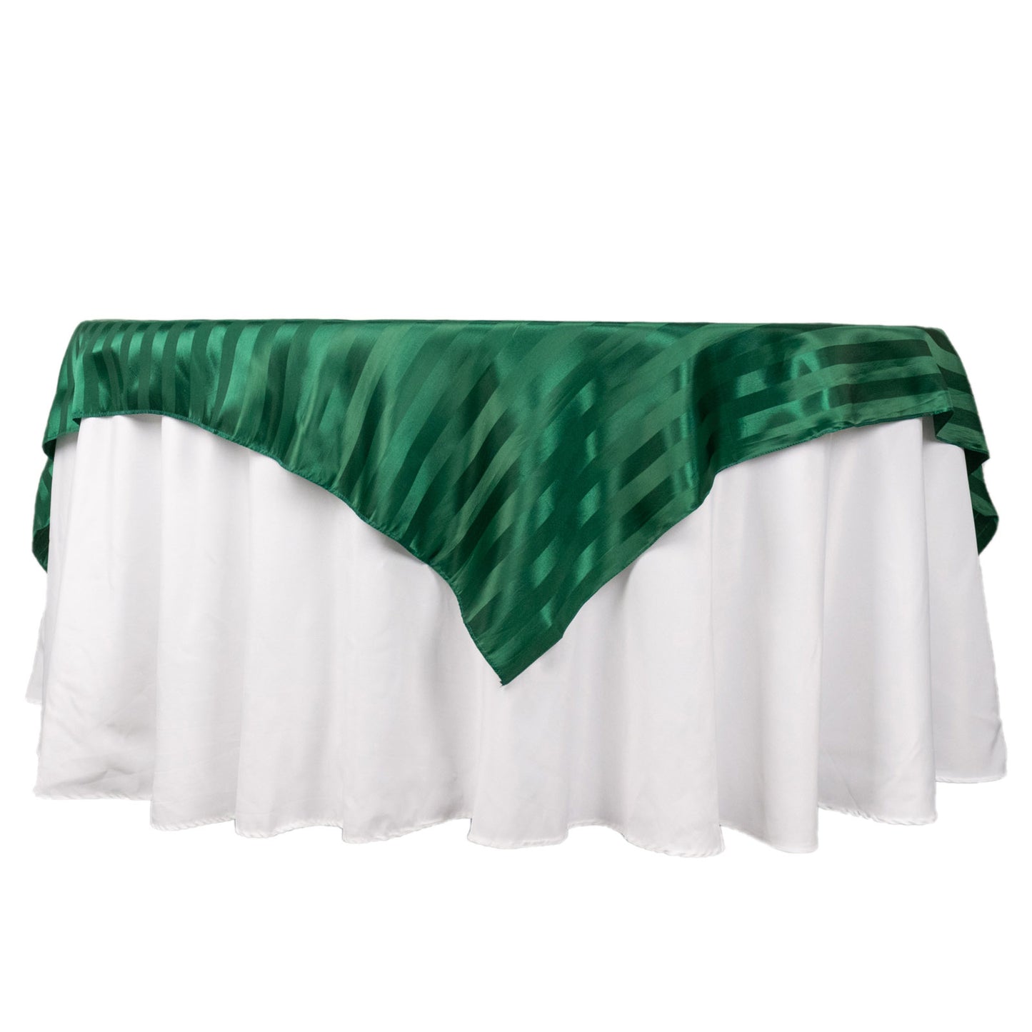 72"x72" Hunter Emerald Green Satin Stripe Table Overlay on a white table.