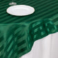 72"x72" hunter emerald green satin stripe table overlay on a white table.