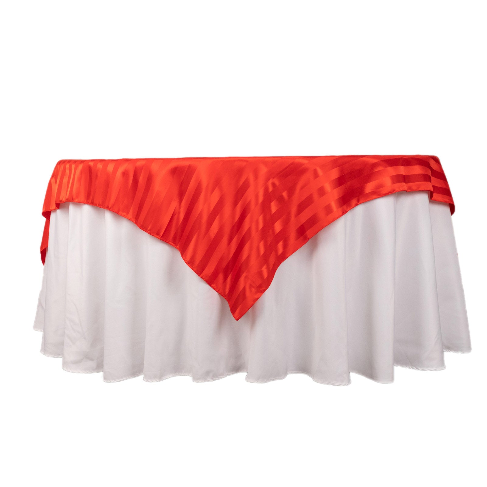 Red satin stripe table overlay, elegant table topper for events.