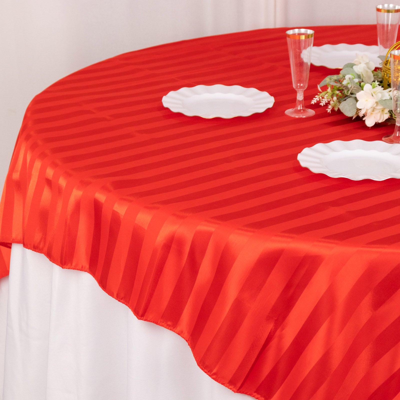 Red satin stripe table overlay, smooth elegant table topper.