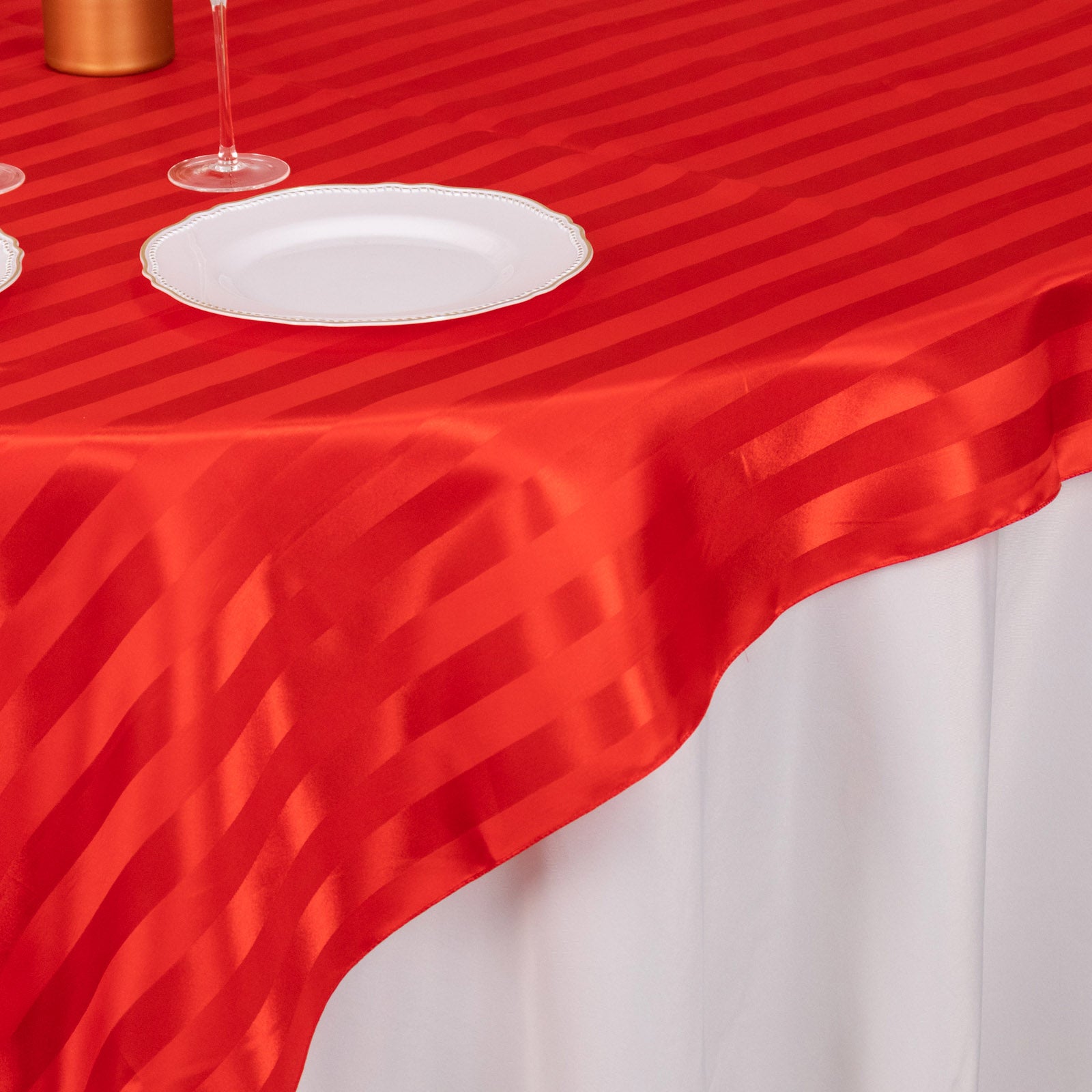 Red satin stripe table overlay, smooth elegant table topper.