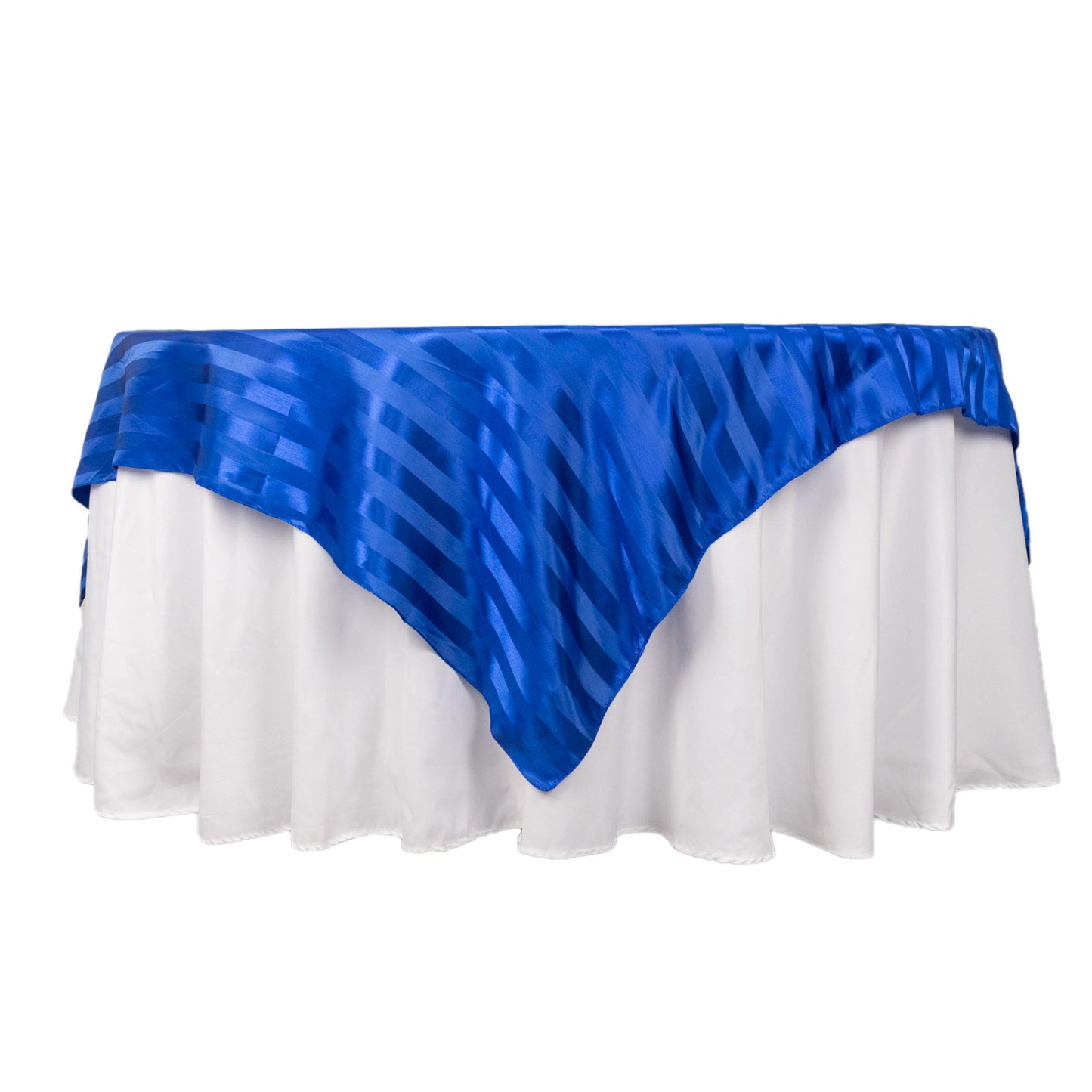 Royal blue satin stripe table overlay on a white table.