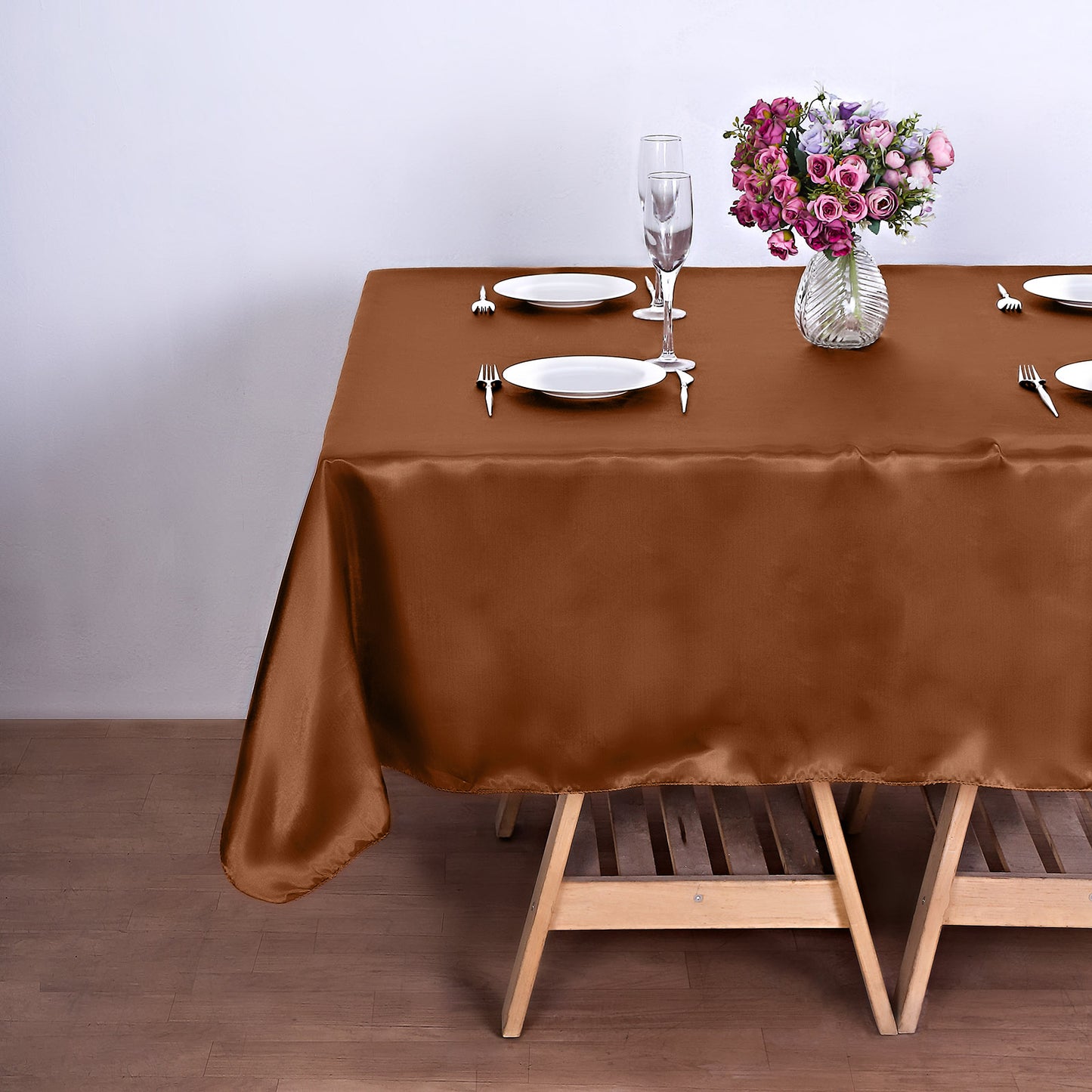 72"x72" Cinnamon Brown Satin Square Table Overlay, Elegant Table Topper