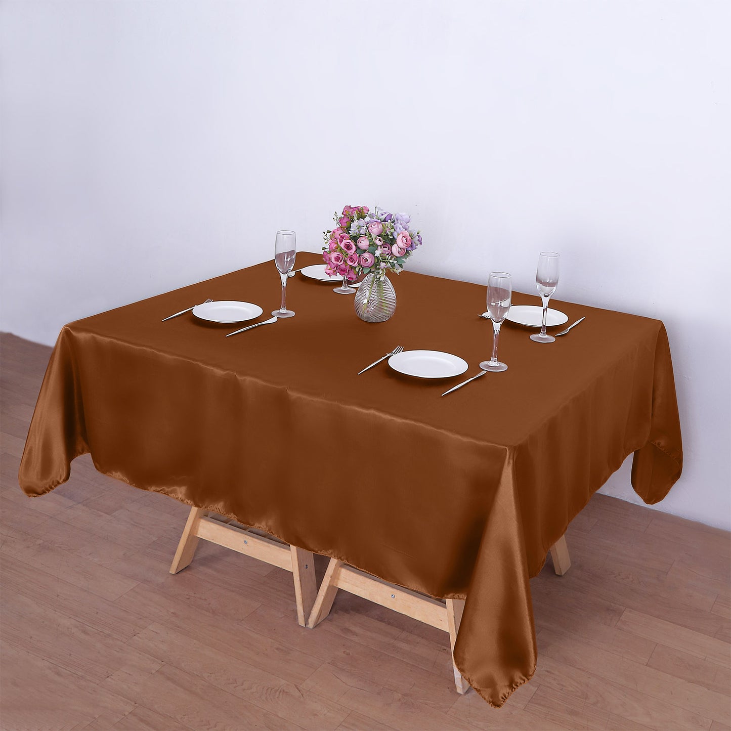 72"x72" Cinnamon Brown Satin Square Table Overlay, Elegant Table Topper