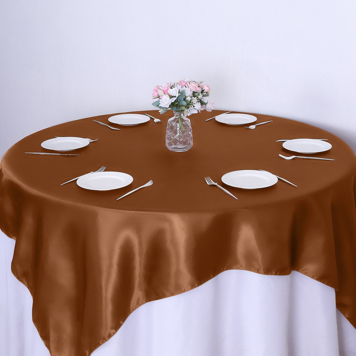 72"x72" Cinnamon Brown Satin Square Table Overlay, Elegant Table Topper