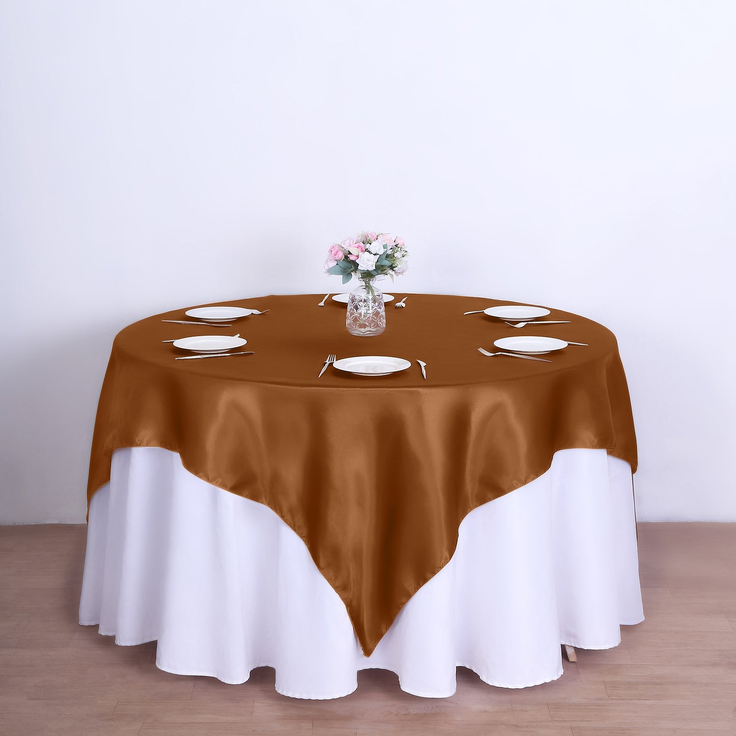 72"x72" Cinnamon Brown Satin Square Table Overlay, Elegant Table Topper