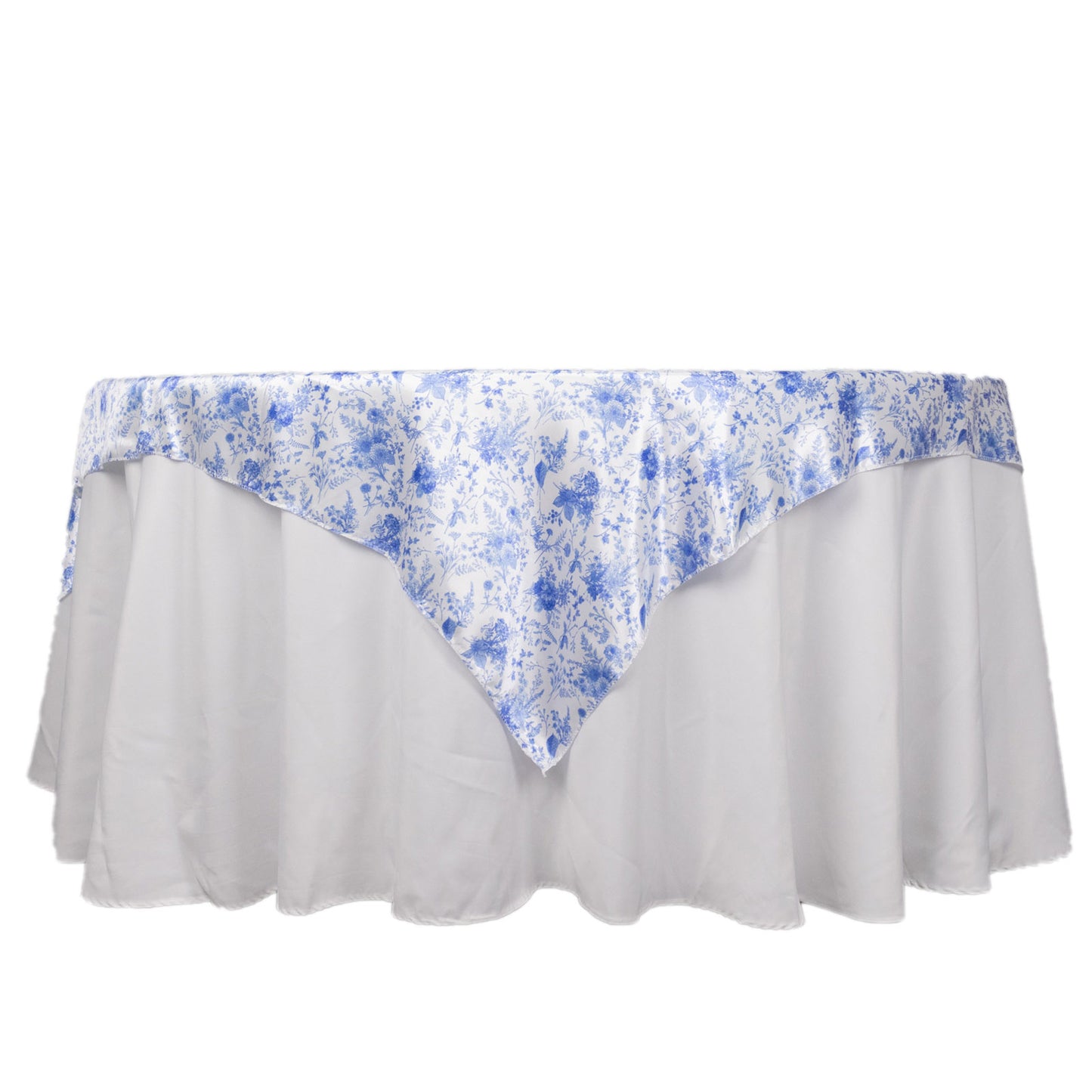 White Blue French Toile Floral Satin Table Overlay, Square Tablecloth Topper - 72"x72"