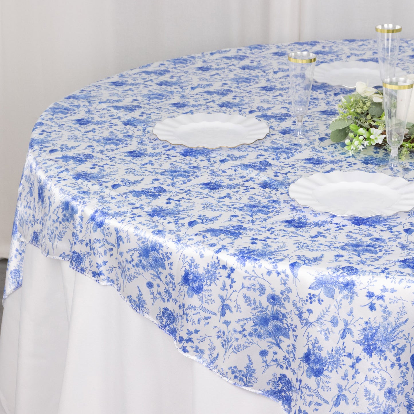 White Blue French Toile Floral Satin Table Overlay, Square Tablecloth Topper - 72"x72"