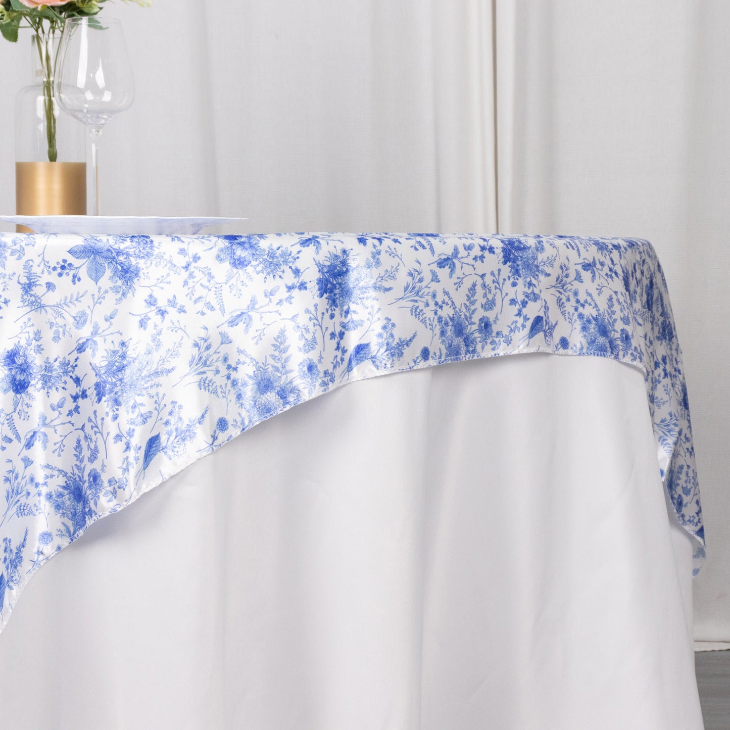 White Blue French Toile Floral Satin Table Overlay, Square Tablecloth Topper - 72"x72"